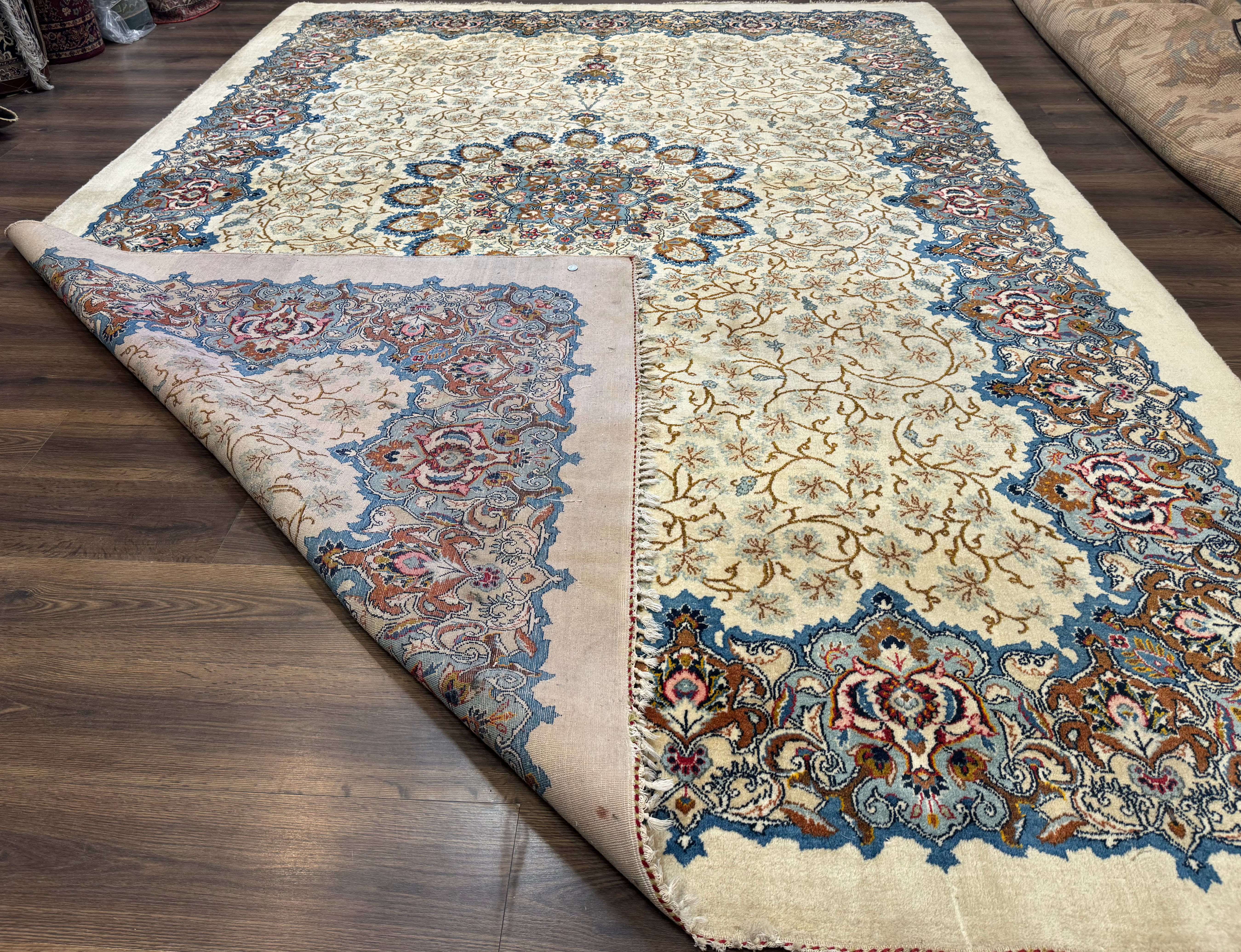 Persian Kashan Rug 9 x 12.6, Ivory and Blue, Floral Medallion, Wool Hand Knotted Semi Antique Carpet - Jewel Rugs