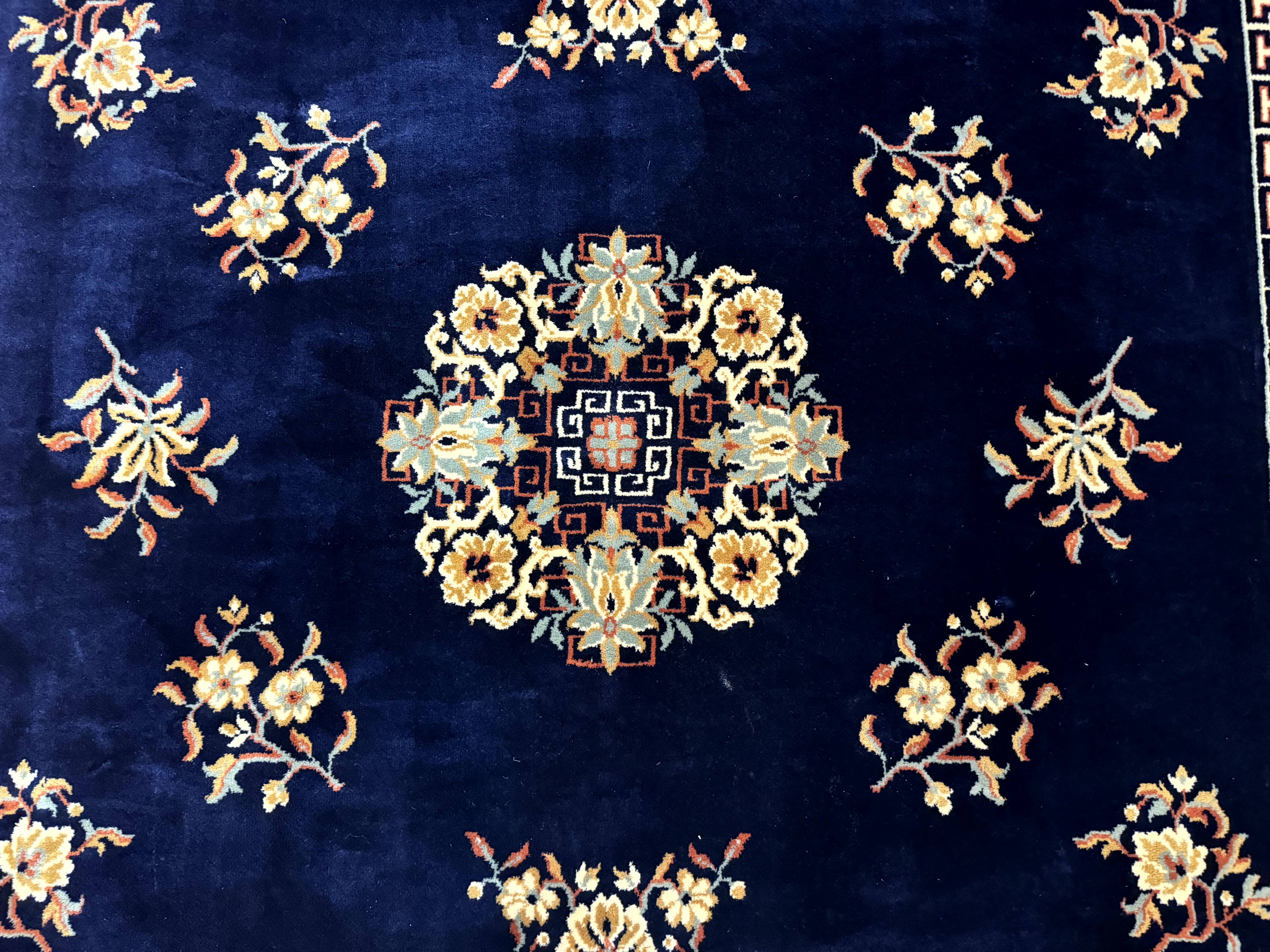 Chinese Wool Rug 8x11, Navy Blue and Terracotta, Floral, Couristan Belgium Power Loomed Carpet - Jewel Rugs
