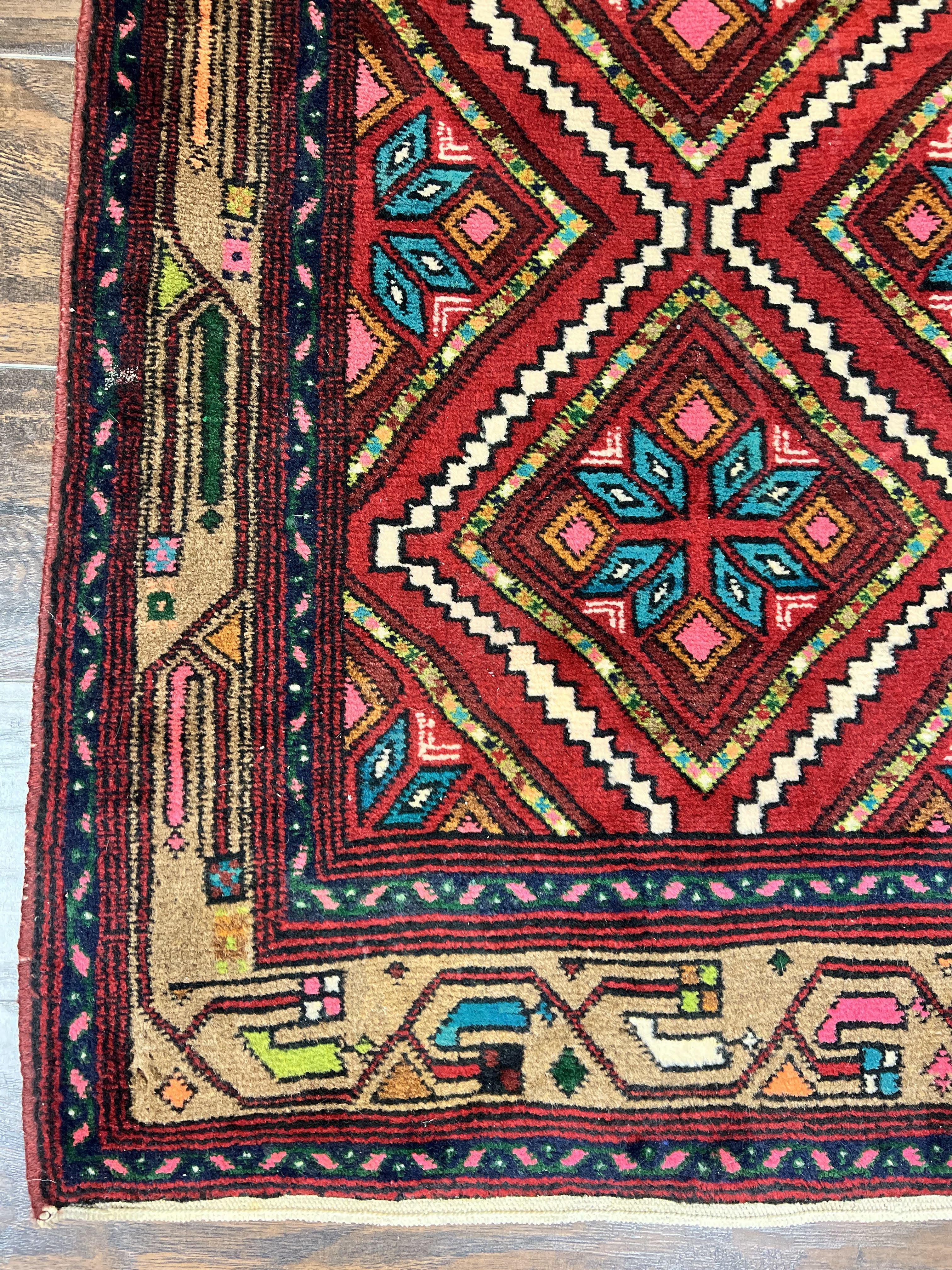 Persian Tribal Runner Rug 3x10, Red Camel Hair Navy Blue, Handmade Hand Knotted 10ft Wool Oriental Vintage Runner for Kitchen or Hallway, Persian Lilihan Hamadan Runner - Jewel Rugs