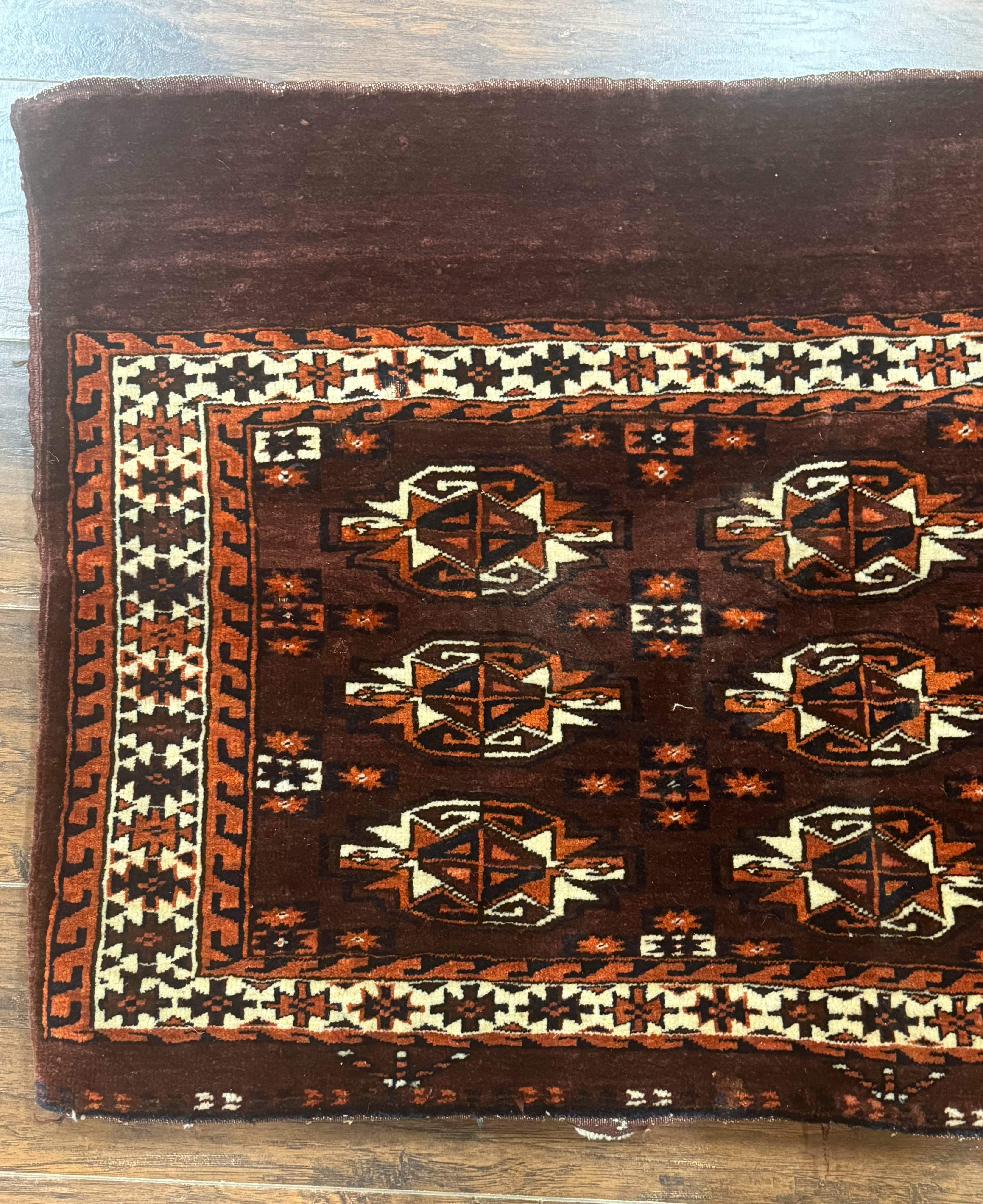 Persian Turkoman Yamud Cushion Cover Rug 3x4 – Burgundy and Ivory, Hand-Knotted Wool Antique - Jewel Rugs