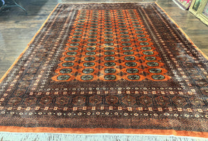 Vintage Pakistani Turkoman Bokhara Rug 9x12, Burnt Orange, Handmade Vintage Wool Carpet