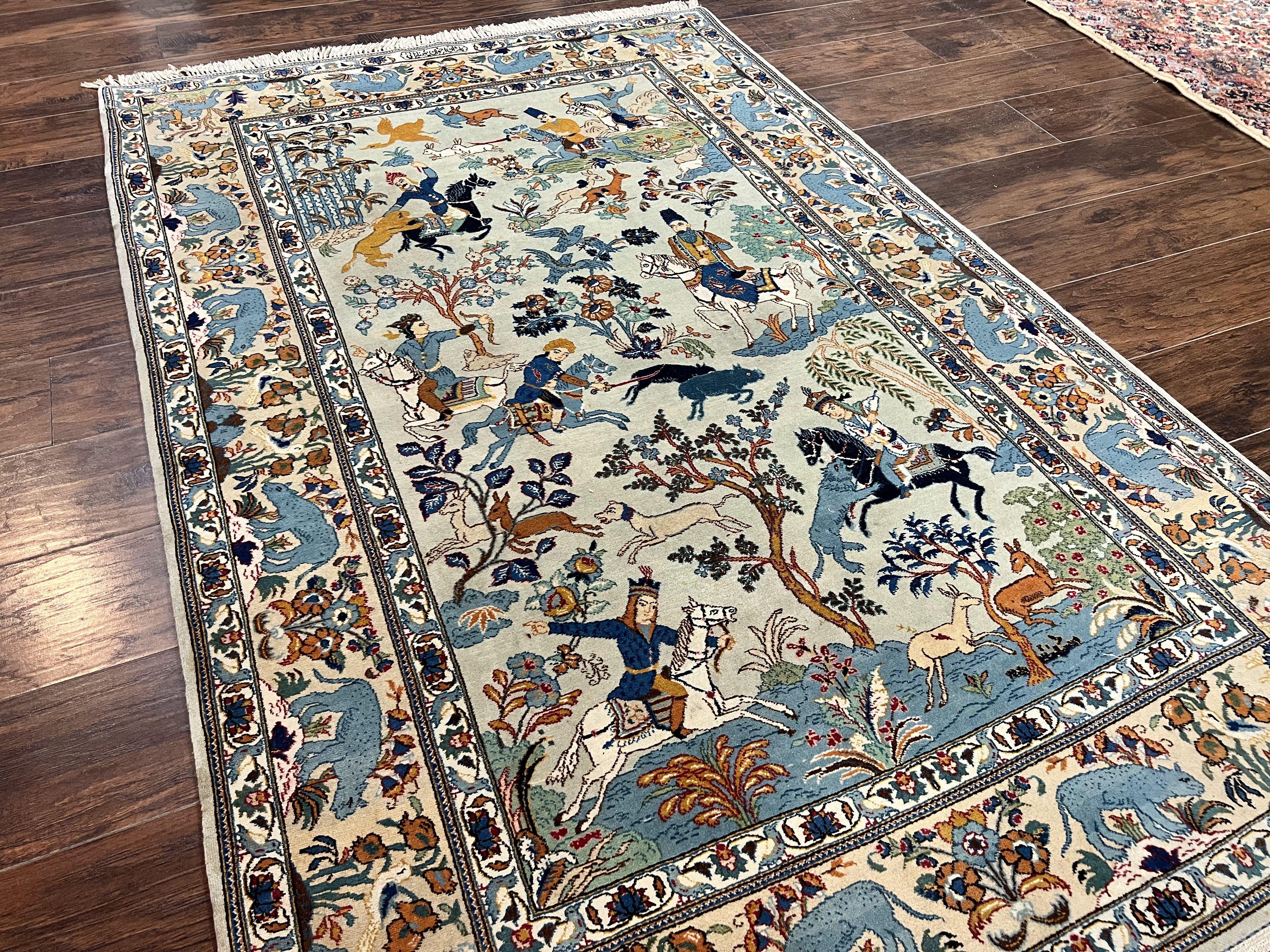 Persian Kashan Pictorial Rug 4.6 x 7, Hunting Scene, SIgned by Masterweaver, Animal Pictorials, Rare, Handmade, Wool, Vintage, Very Fine - Jewel Rugs