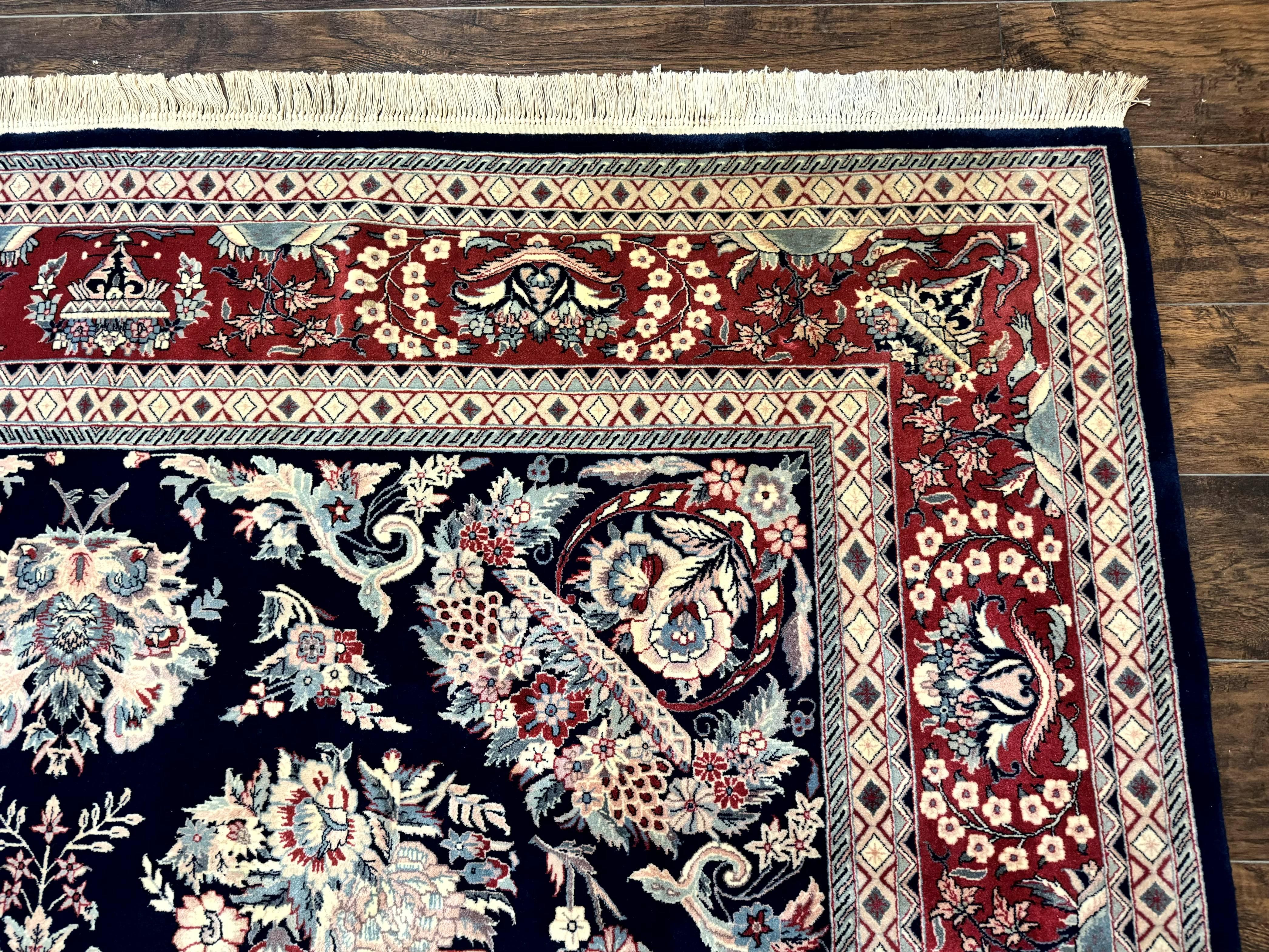 Sino Persian Rug 8x10, Floral Kirman Carpet, Navy Blue and Red, Floral Vases, Handmade Vintage Wool Carpet, 320 KPSI - Jewel Rugs