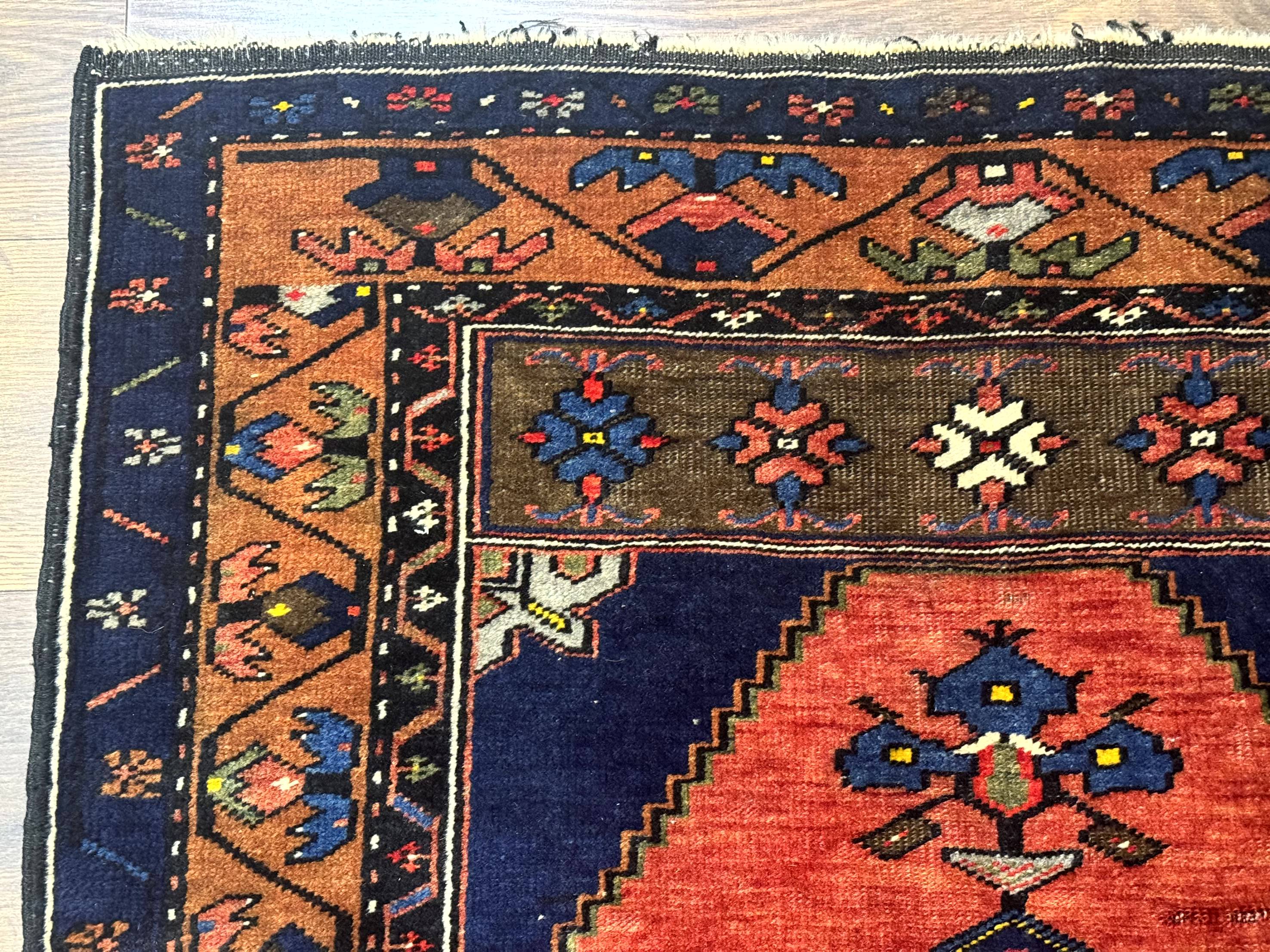 Persian Rug 3x6, Geometric Medallion, Village Tribal Rug, Terracotta and Navy Blue, Antique Nahavand Hamadan Rug - Jewel Rugs