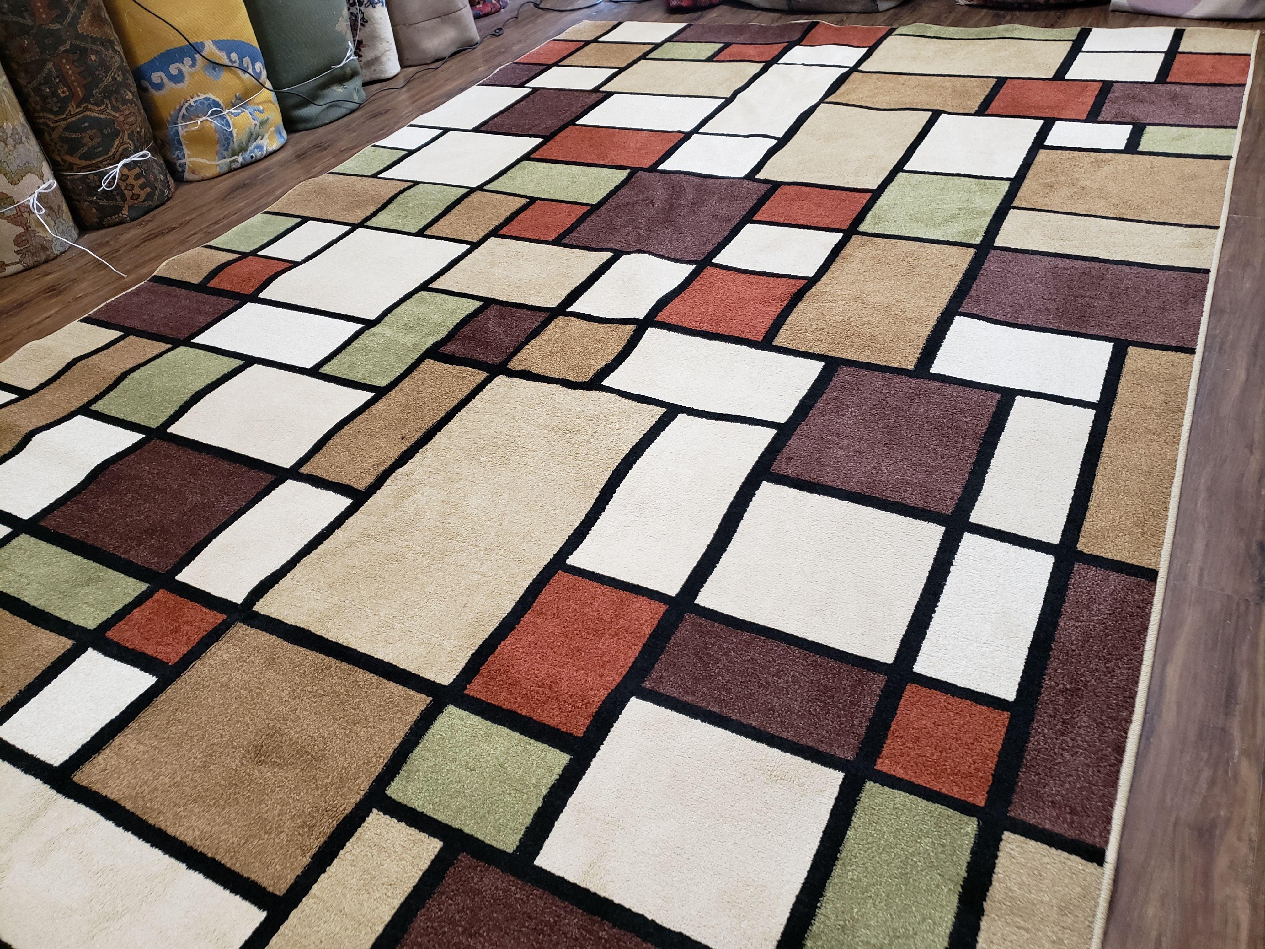 8x12 Modern Area Rug, Abstract Geometric Design 8 x 12 Area Carpet, Tan, Cream, Maroon, Nice - Jewel Rugs