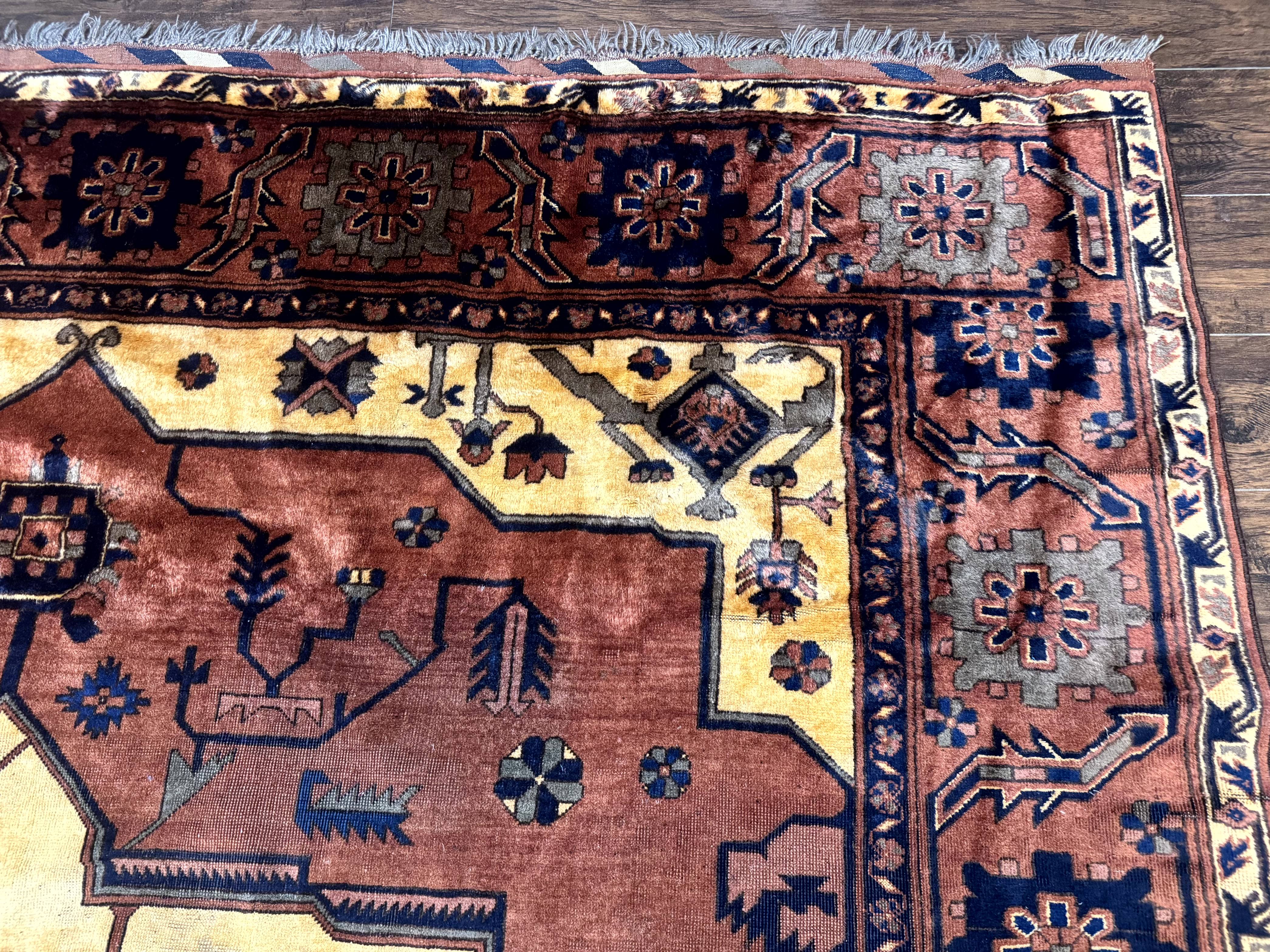 Afghan Heriz Rug 9x12, Tribal Geometric Serapi Carpet, Rust Cream and Navy, Wool on Wool - Jewel Rugs