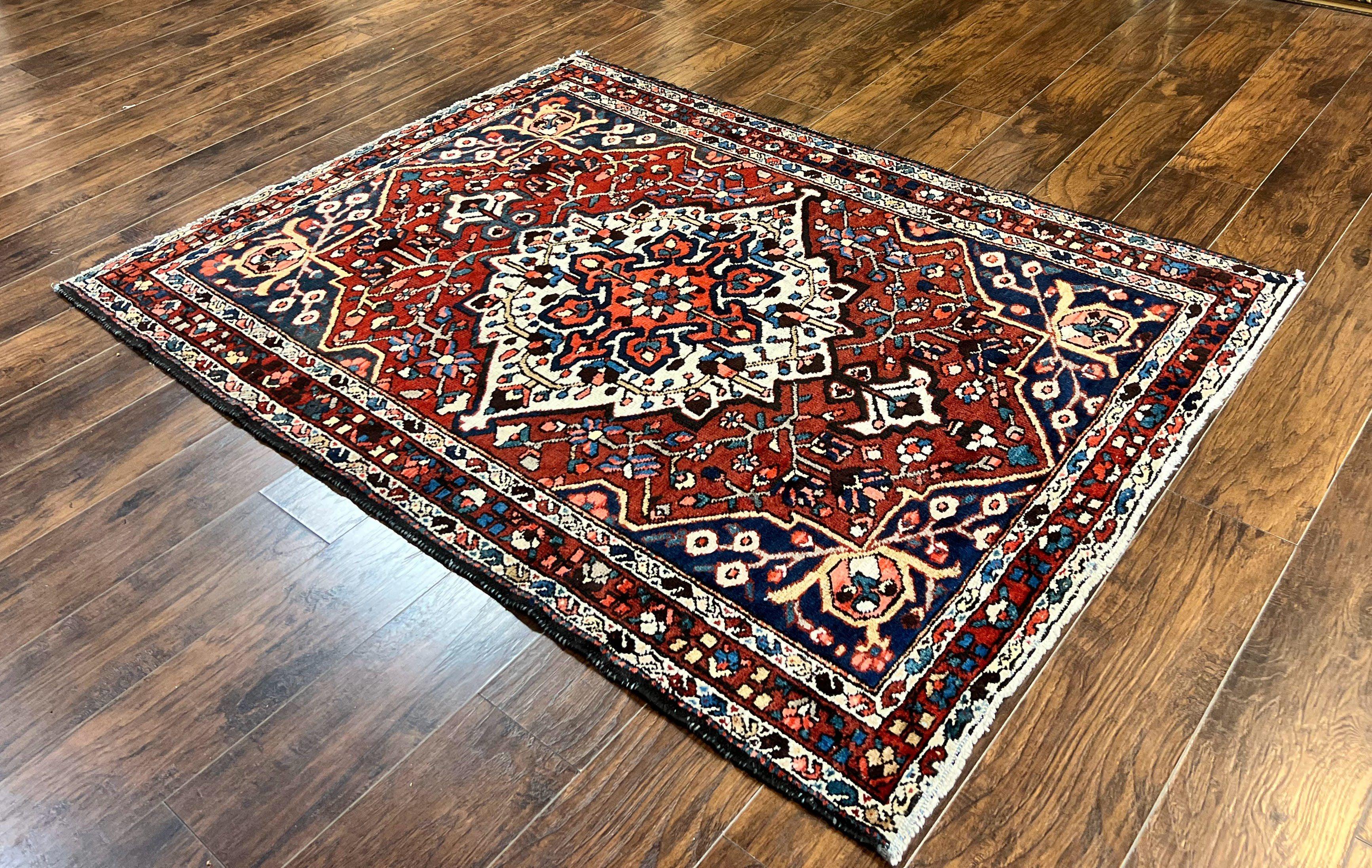 Persian Bakhtiari Rug 5 x 6.6, Tribal Geometric Carpet, Red Ivory, Handmade Wool Medium Sized Oriental Rug, Semi Antique Vintage - Jewel Rugs