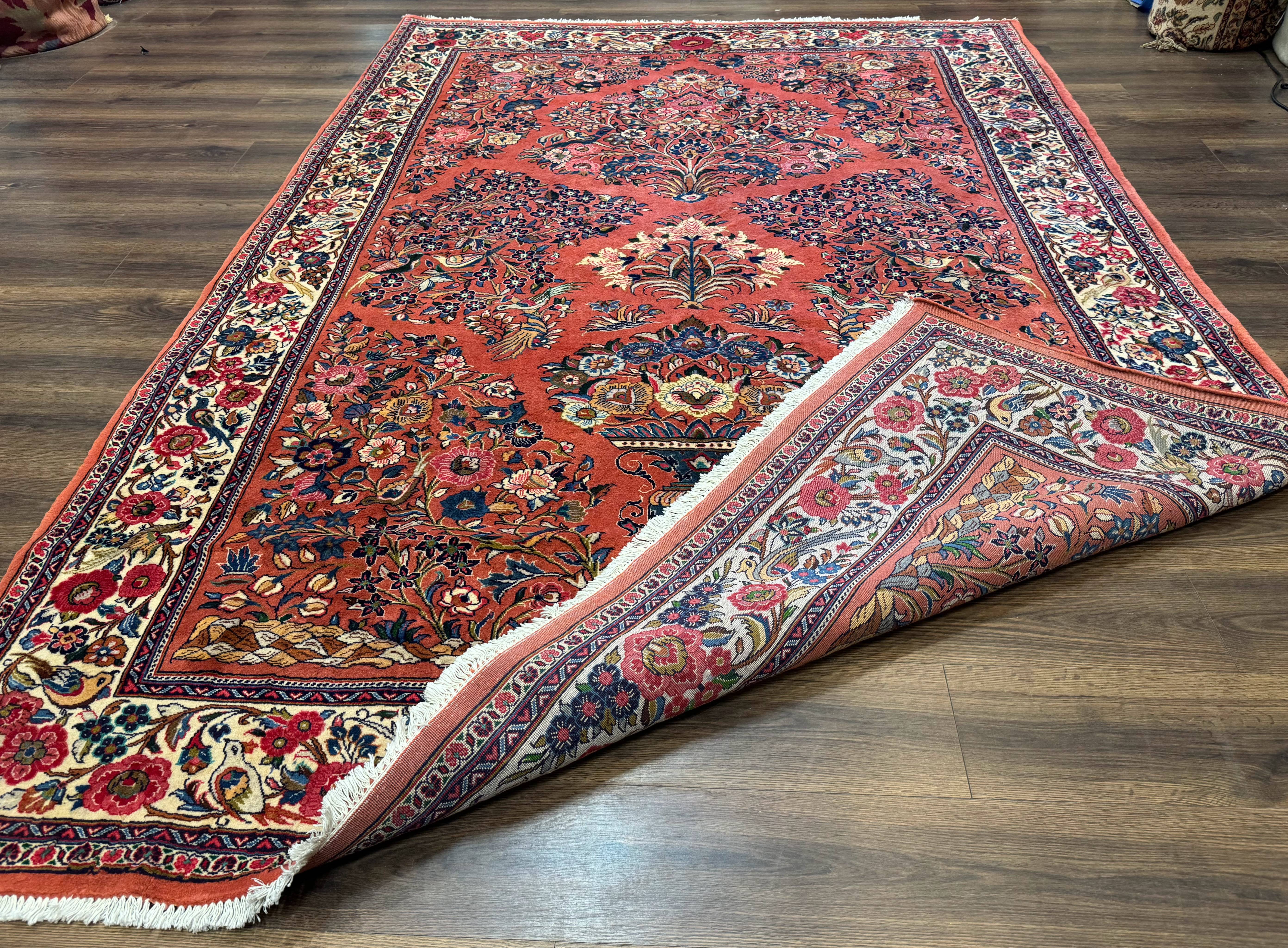 Persian Sarouk Rug 7x10, Red and Ivory, Floral Bouquets, Birds - Jewel Rugs