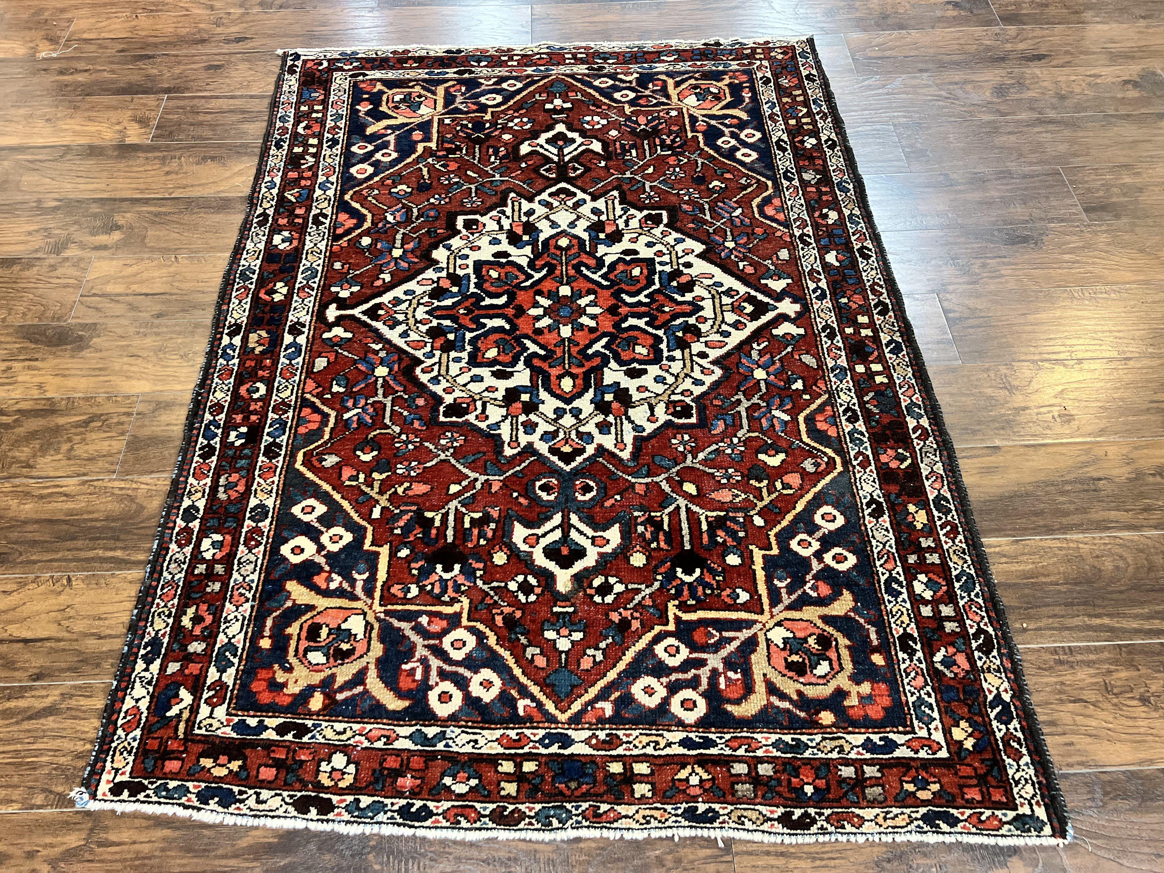 Persian Bakhtiari Rug 5 x 6.6, Tribal Geometric Carpet, Red Ivory, Handmade Wool Medium Sized Oriental Rug, Semi Antique Vintage - Jewel Rugs