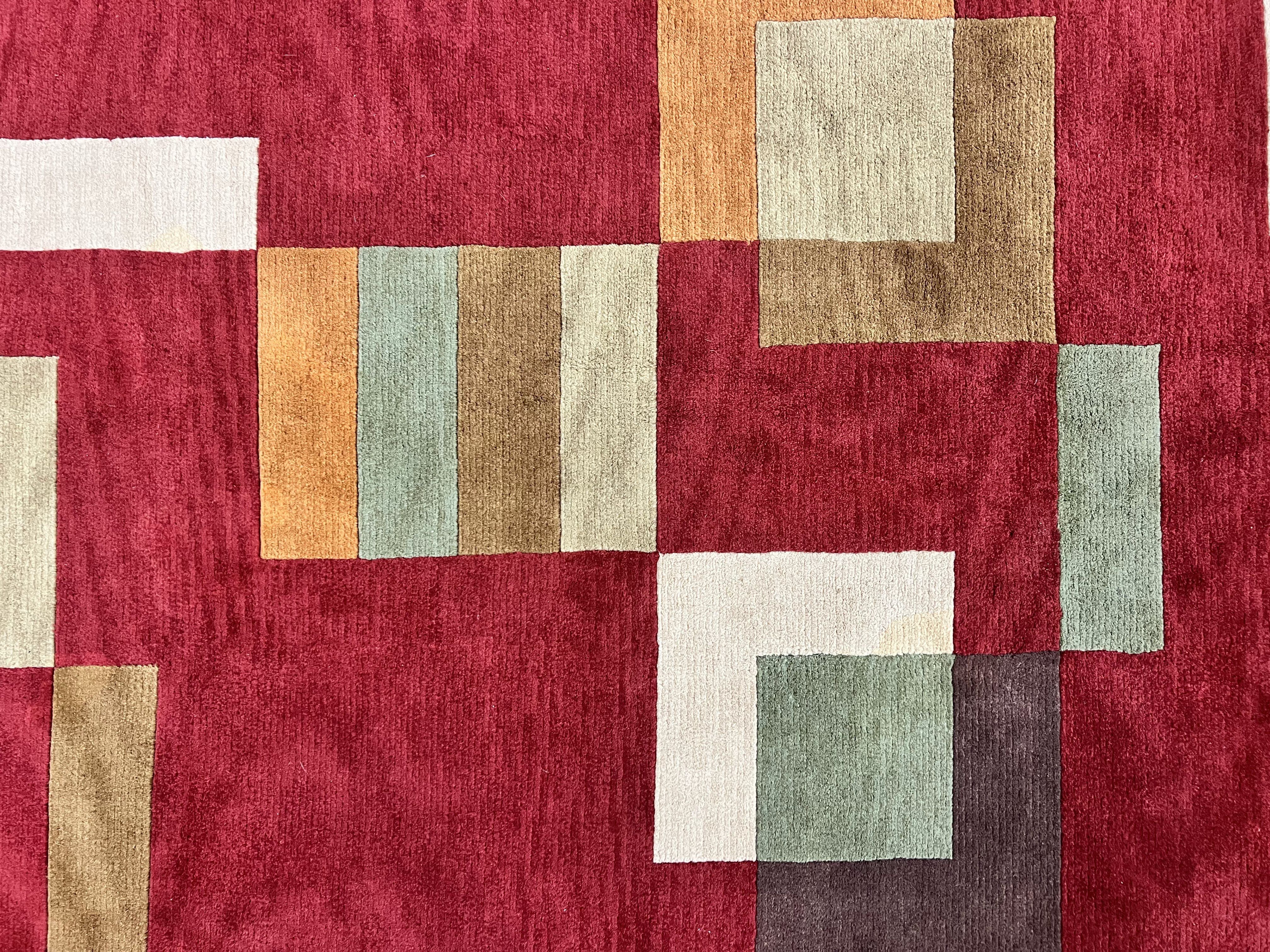 Indo Tibetan Modern Rug 5x8, Abstract Rug 5 x 8 ft, Red Multicolor Wool Handmade Contemporary Area Rug - Jewel Rugs