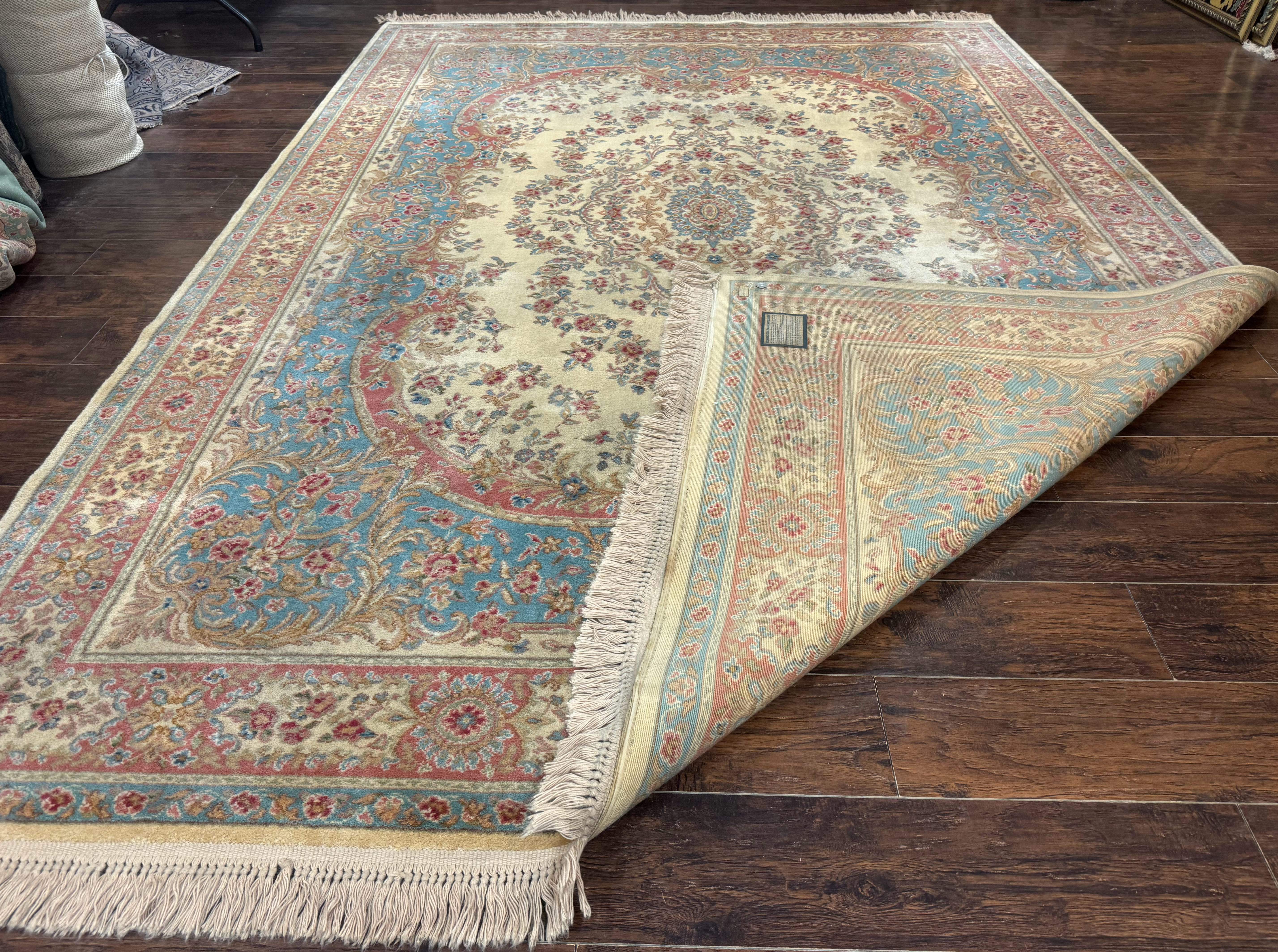 Karastan Rug 8.8 x 12, Ivory Medallion Kirman #700/711, Wool Pile, Vintage - Jewel Rugs