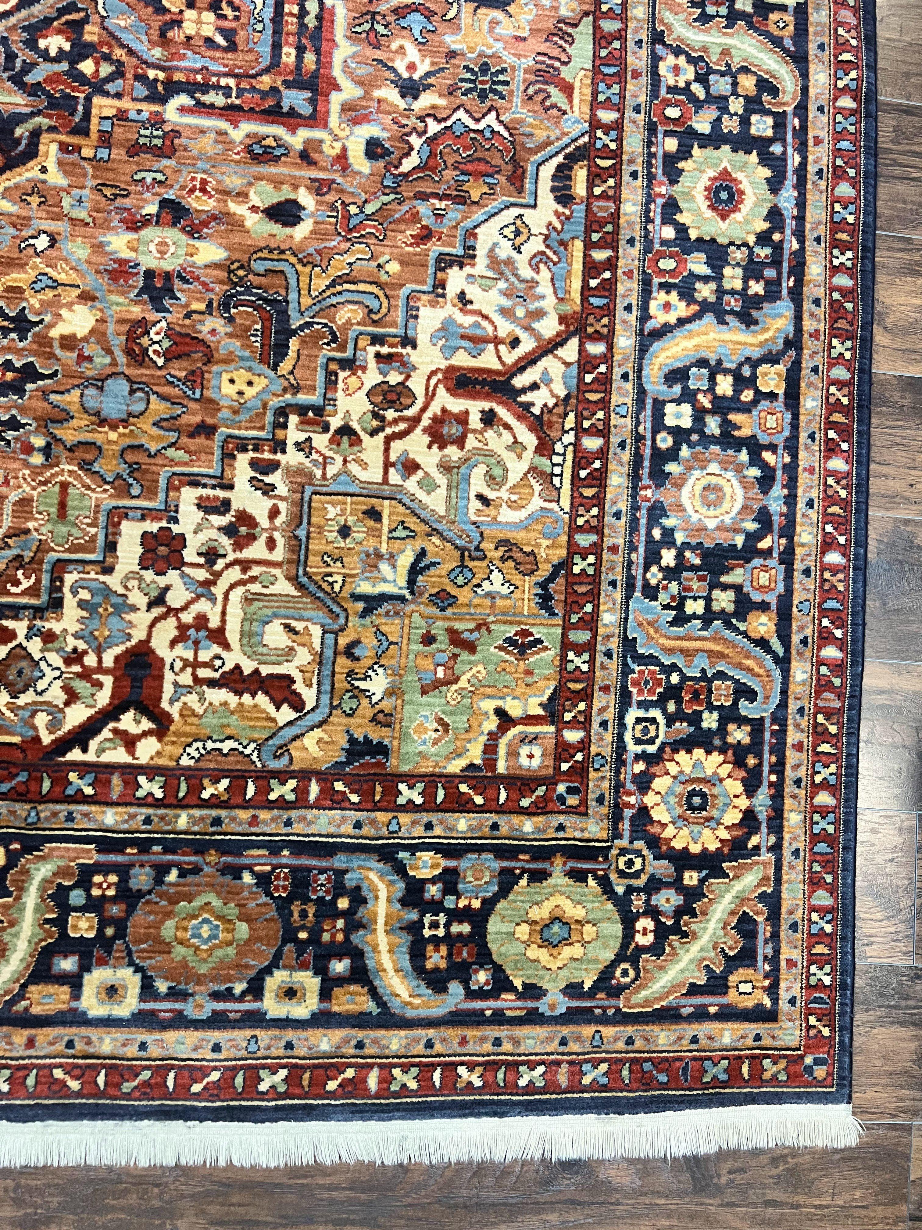 Karastan Rug 8 x 10.5, English Manor Windsor Heriz Karastan Carpet 8x10, Geometric Design, Wool Vintage Area Rug 8 x 10 ft, Red Navy - Jewel Rugs