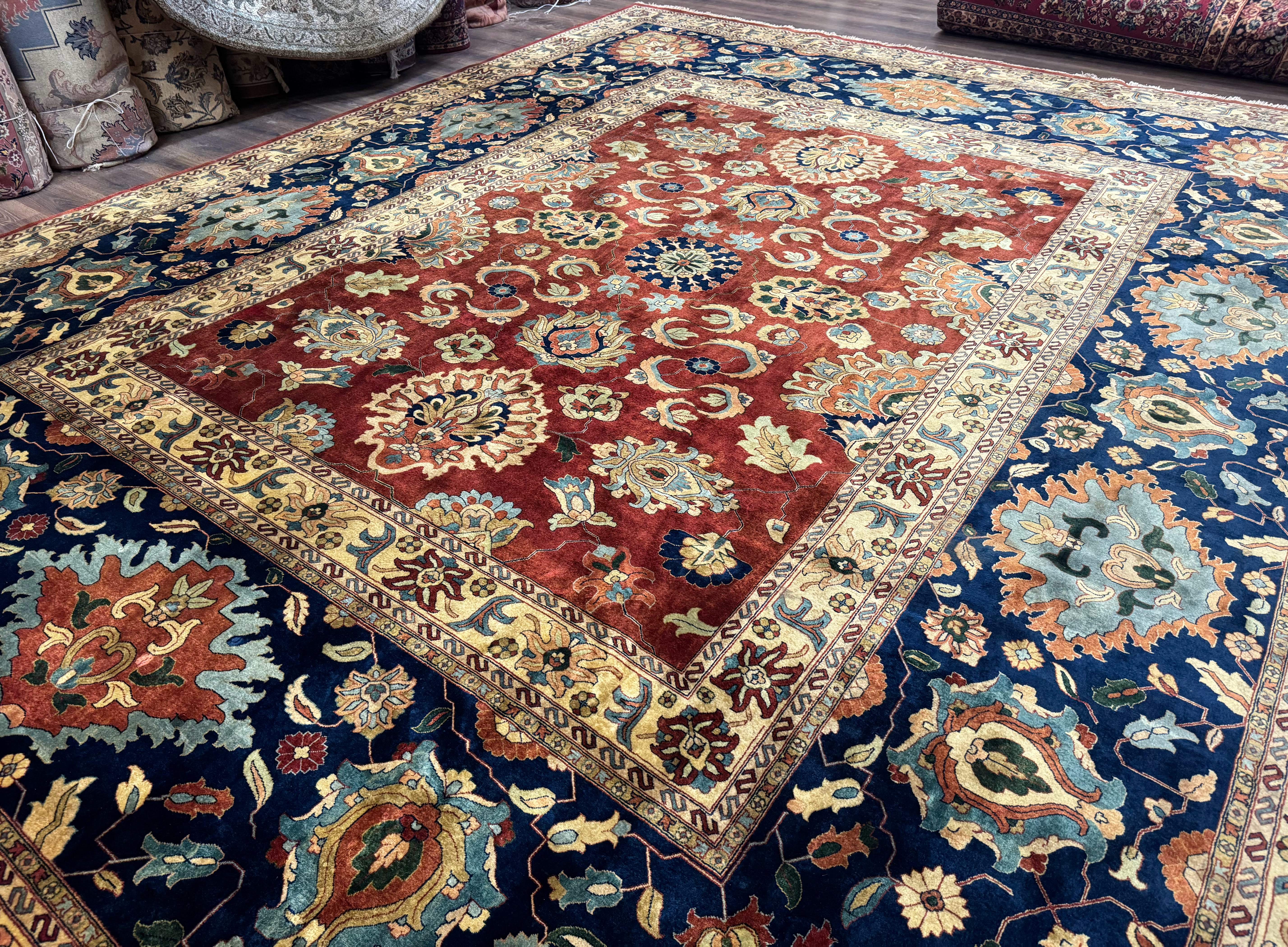 Palace Size Indo Persian Rug 12x15, Sultanabad Mahal Carpet, Red Navy Blue, Fine 210 KPSI - Jewel Rugs
