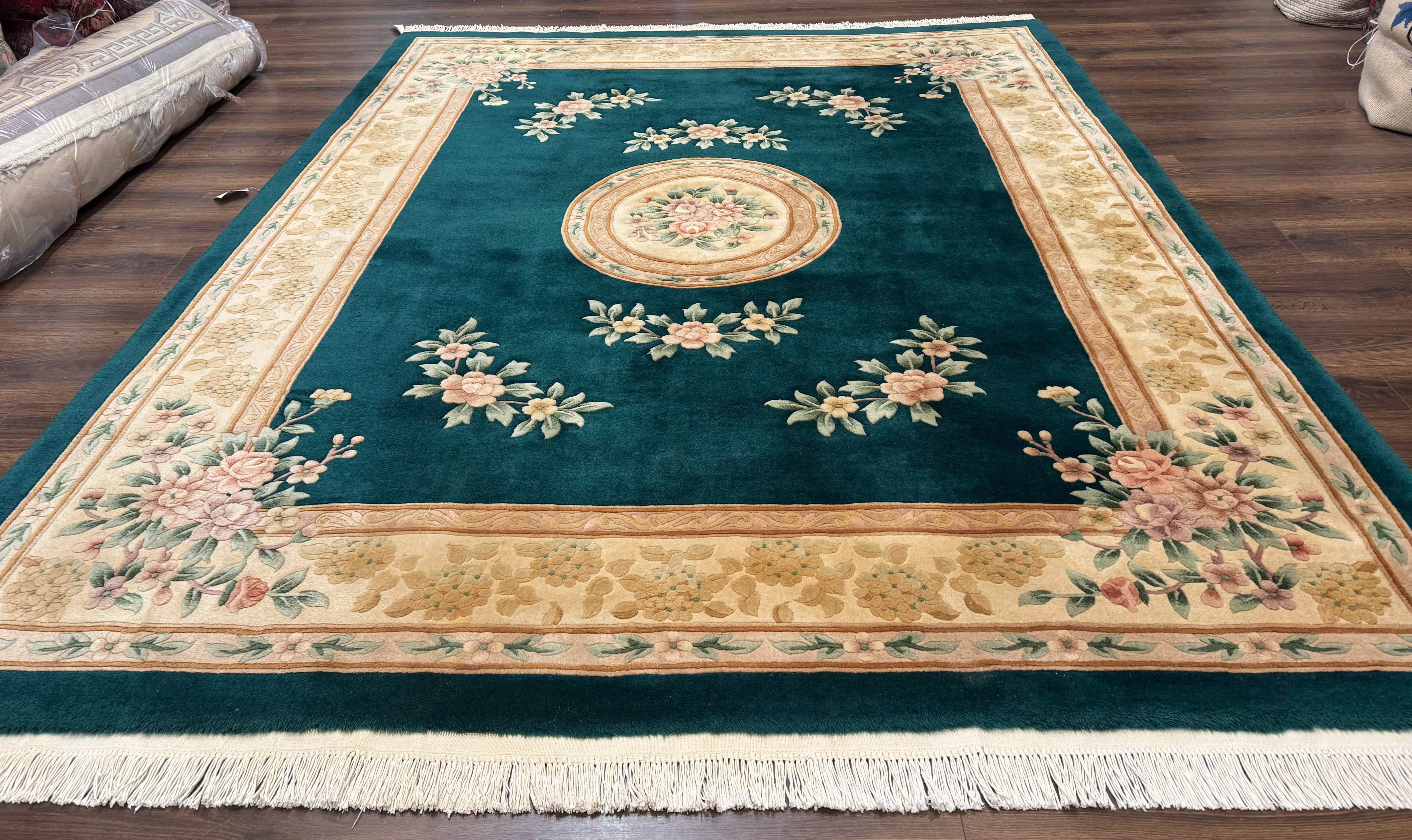 Chinese Wool Rug 8x10, Floral, Soft Thick Pile, Chinese Aubusson 90 Line Rug, Dark Teal and Beige - Jewel Rugs