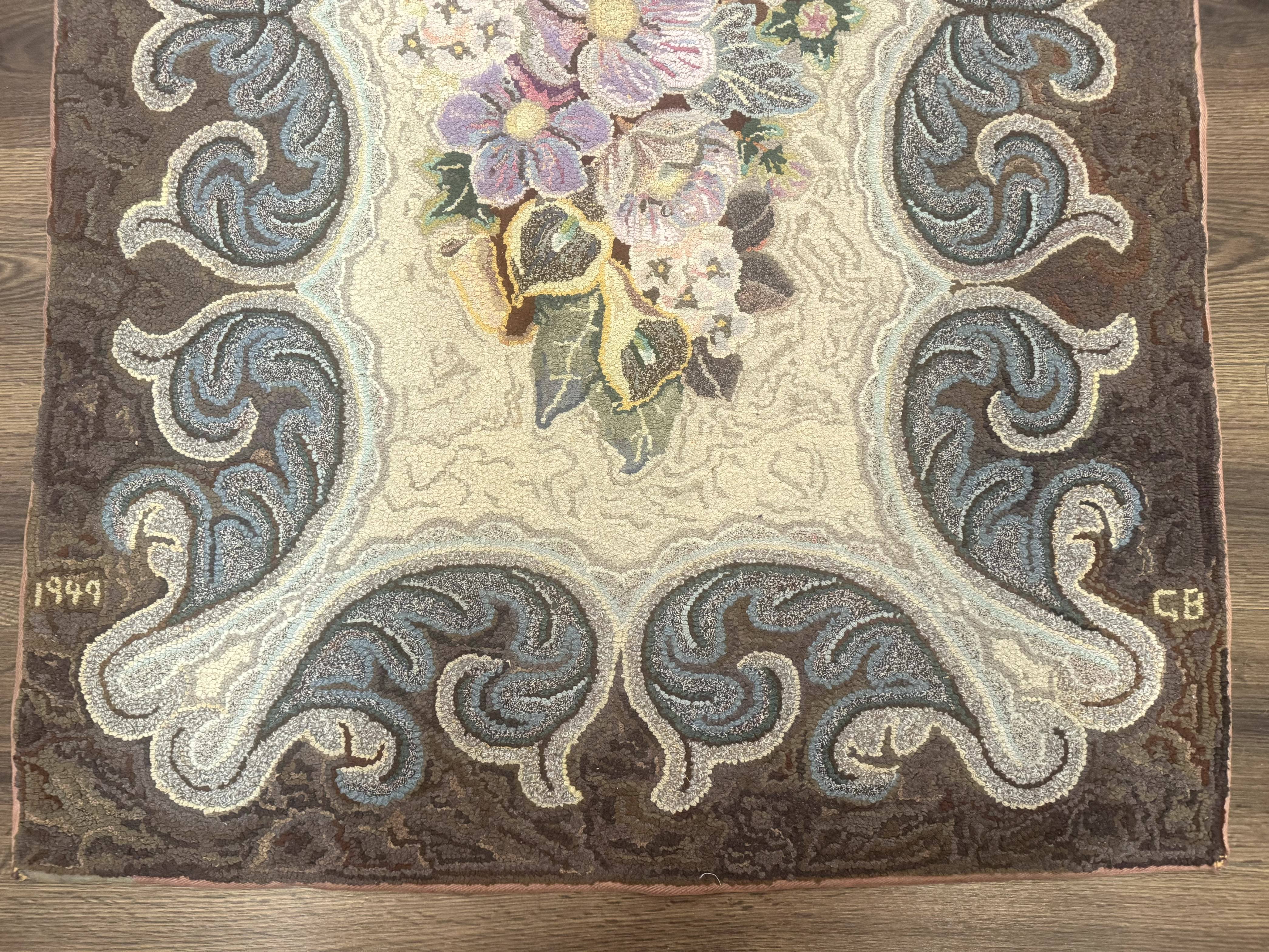 Antique American Hooked Rug 3 x 4.6, Vintage, Floral - Jewel Rugs