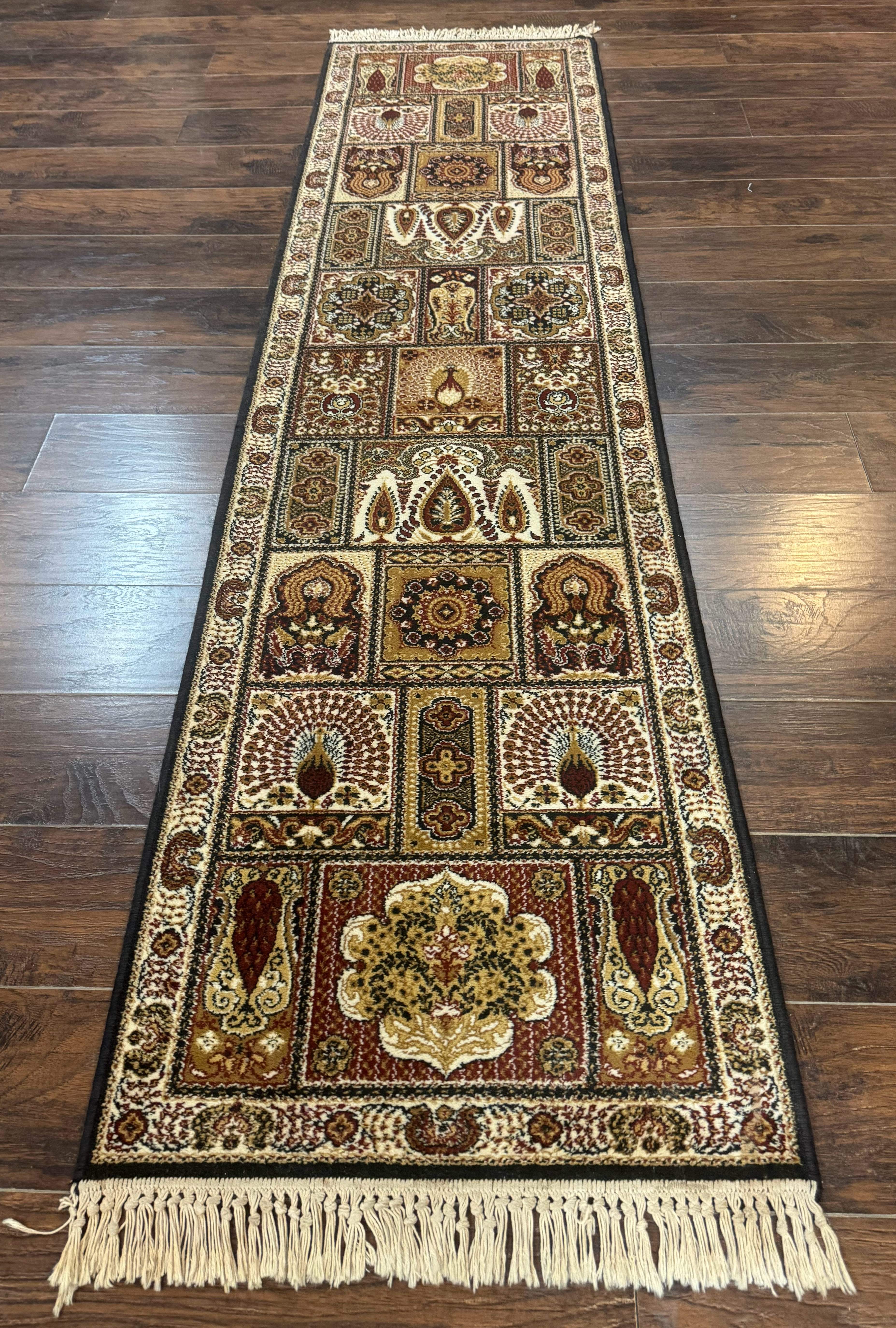 Couristan Runner Rug 2x9, Panel Design, Peacocks, Belgium Power Loomed, Wool Runner - Jewel Rugs