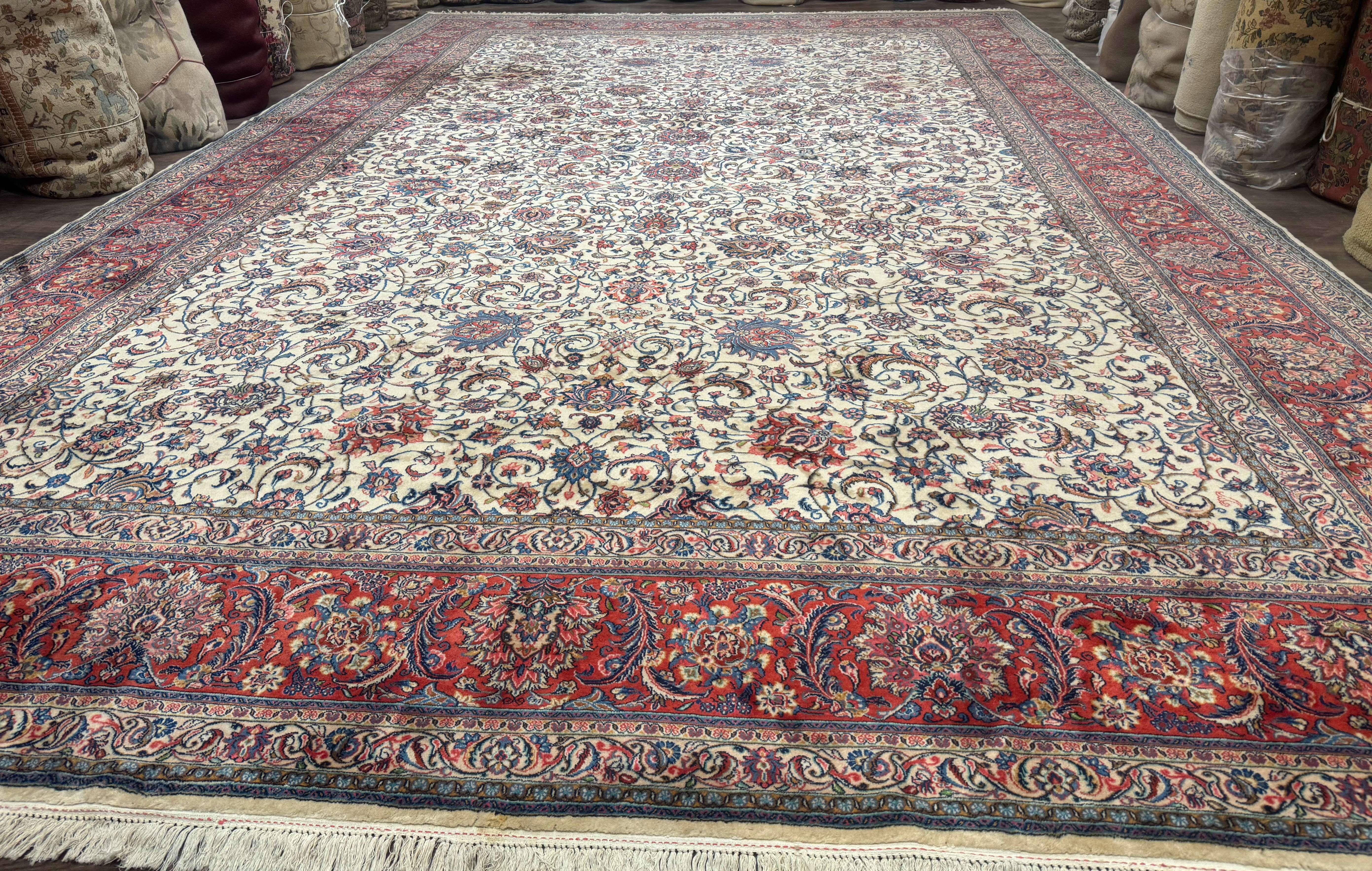 Ivory Persian Sarouk Rug 13x20, Palace Size Carpet, 225 KPSI, Traditional Wool Handmade Vintage Extra Large Rug 13 x 20 ft, Allover Pattern, - Jewel Rugs