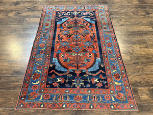 Beautiful Persian Rug 4x7, Red and Blue Rug, Hand Knotted Antique Handmade Persian Carpet, Bidjar Rug, Wool Rug 4 x 7