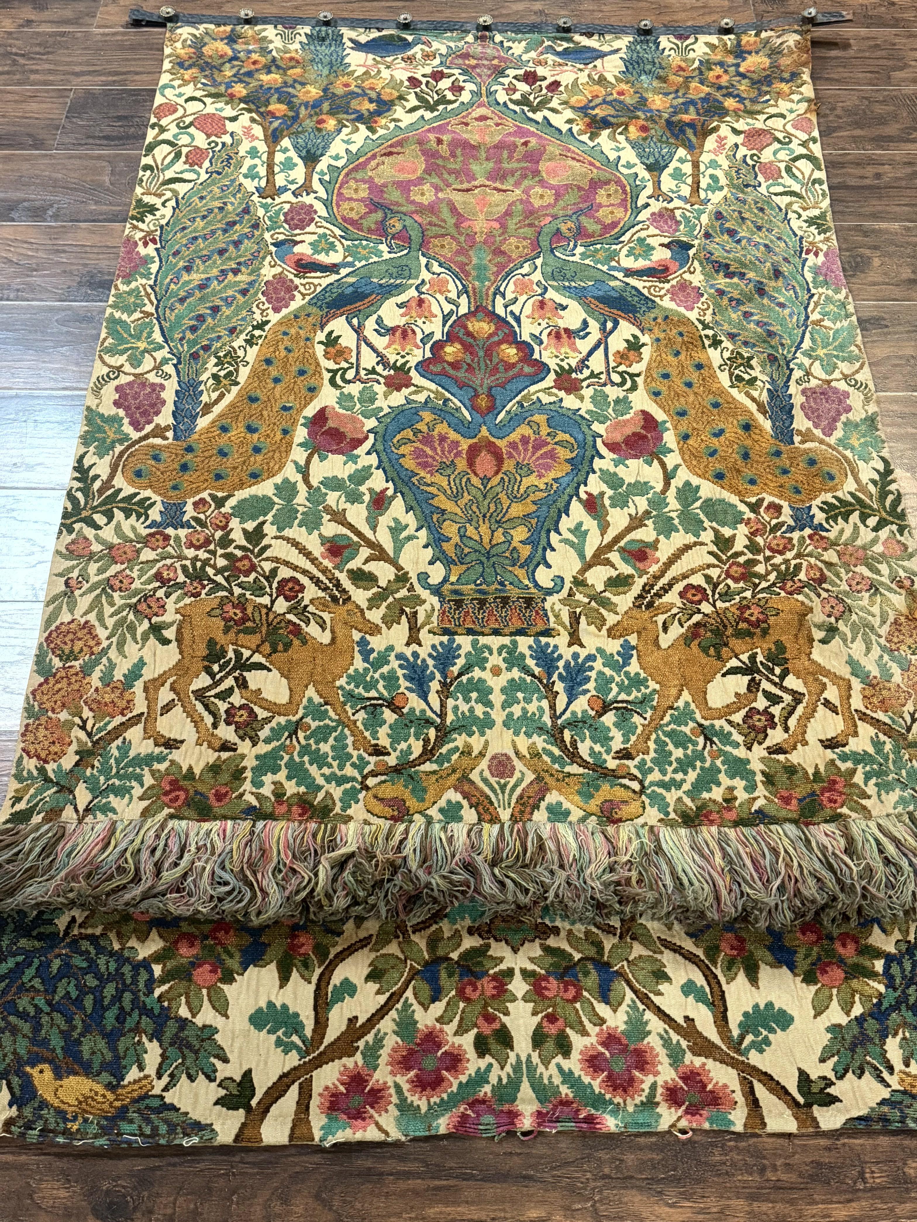 Vintage European Tapestry Wall Hanging 4x6, Peacocks, Deer Birds - Jewel Rugs
