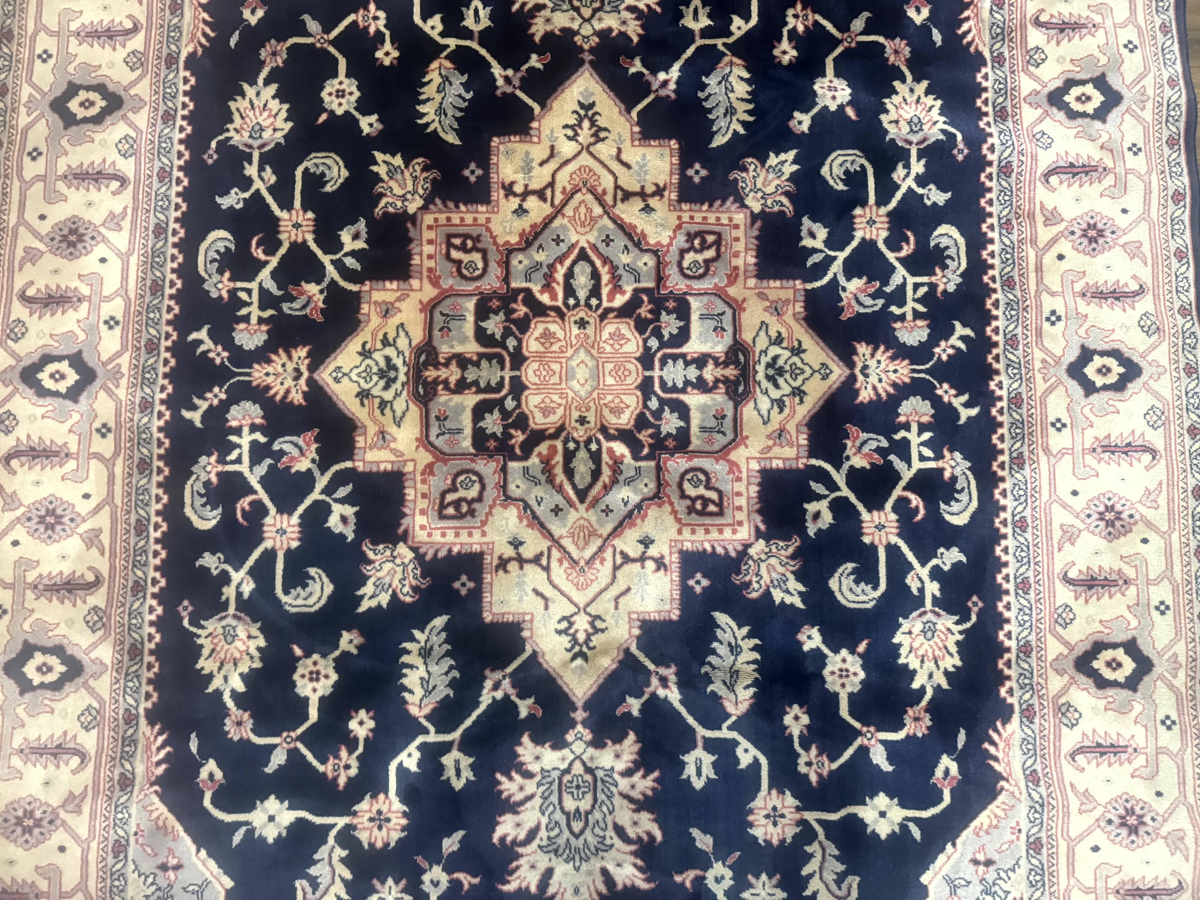 Karastan Rug Navy Serapi, Kara Shah Rug, Navy Blue, 5.6 x 8.6, Vintage Karastan Area Rug, Wool Pile Karastan Rug - Jewel Rugs