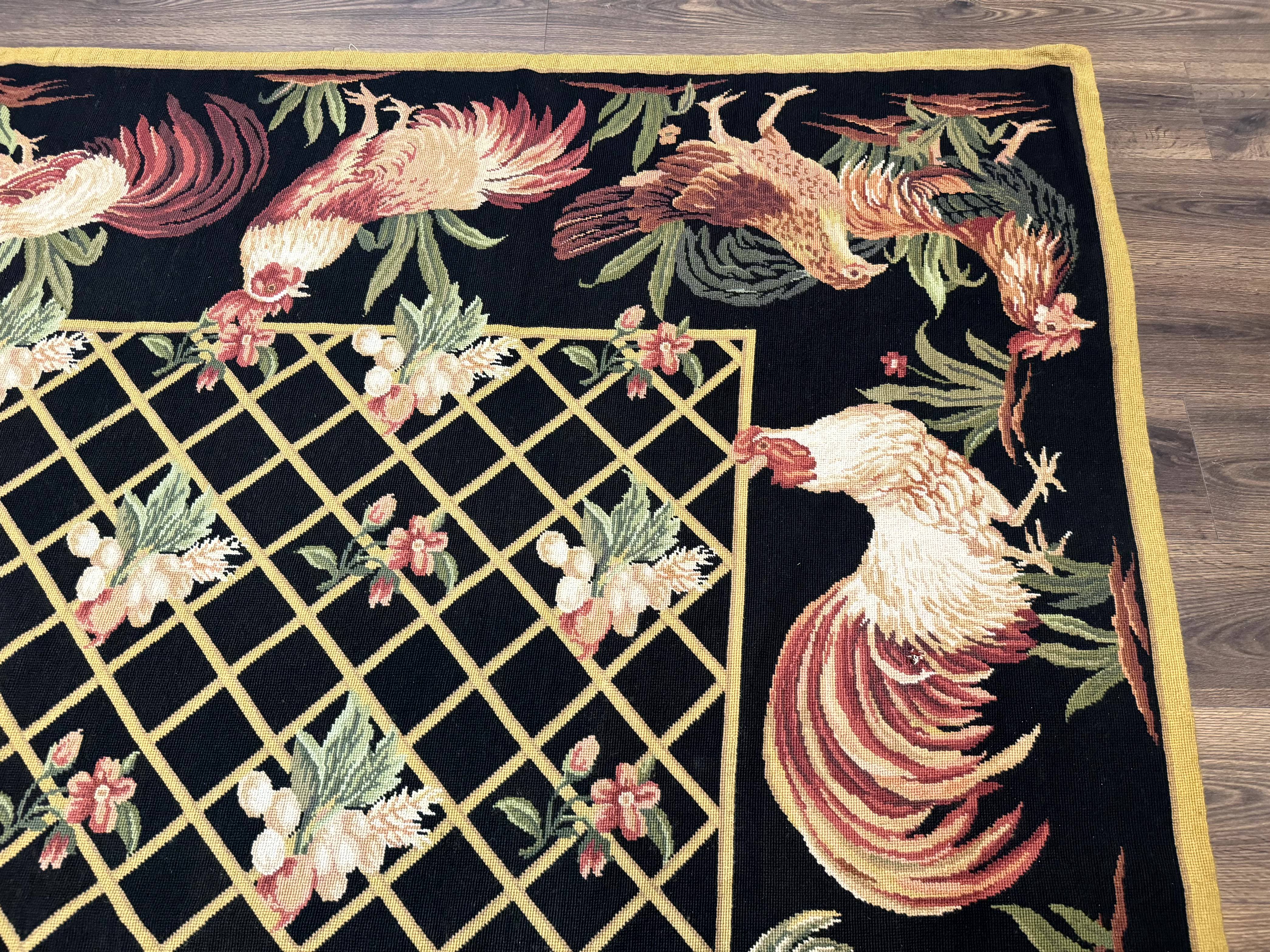 Black Needlepoint Rug 8x10, Roosters Floral Unique Needlepoint Carpet - Jewel Rugs