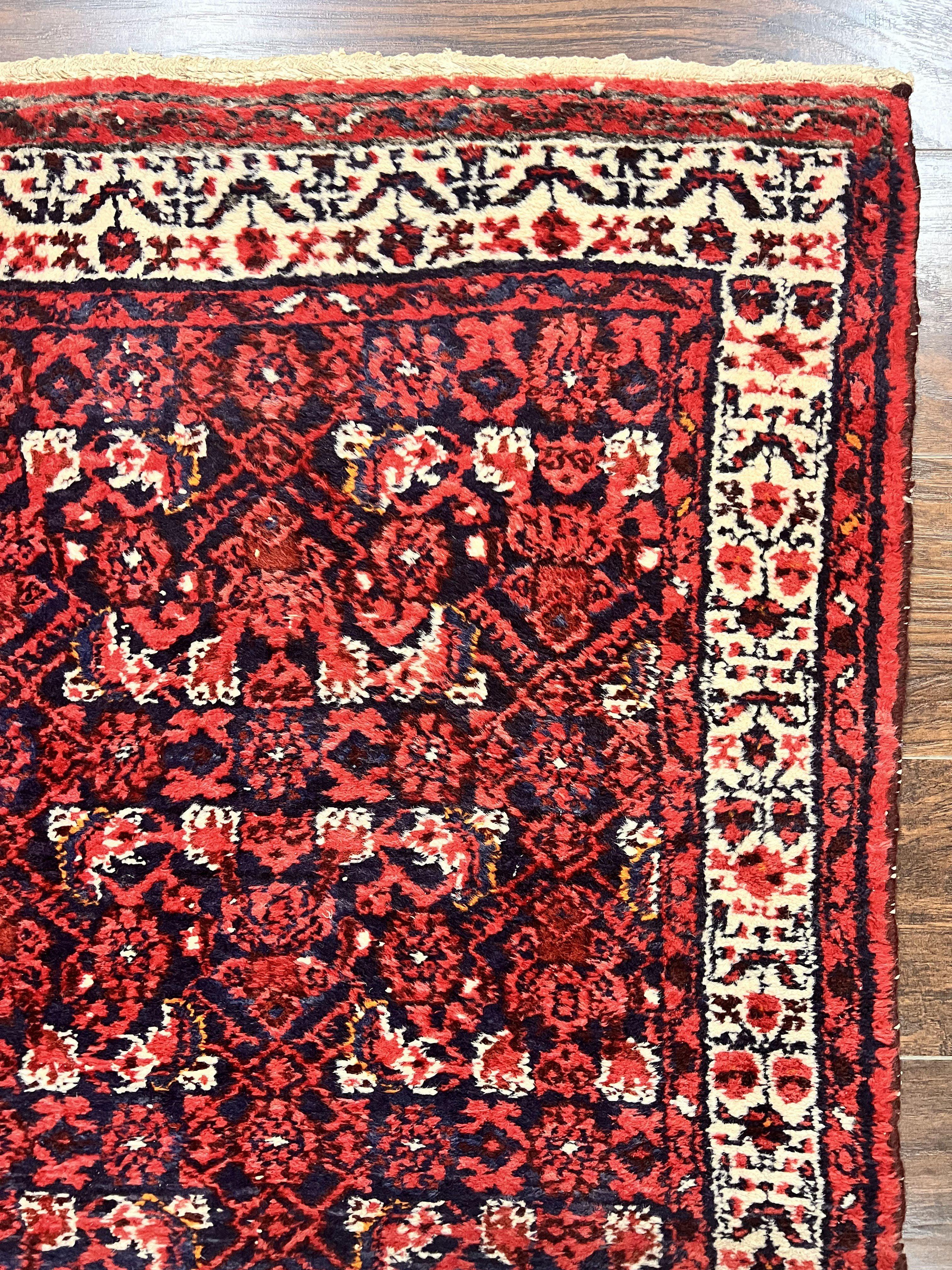 Persian Tribal Runner 3 x 9, Hamadan Dargazin Rug, Dark Blue and Red Wool Hand Knotted Hallway Rug, Vintage Antique Oriental Runner, 9ft Long Runner, Herati - Jewel Rugs