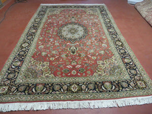 Persian Tabriz Rug 7x10, Floral Medallion Finely Hand Knotted Vintage Authentic Oriental Carpet 7 x 10, Salmon Color, 400 KPSI Elegant, Wool & Silk