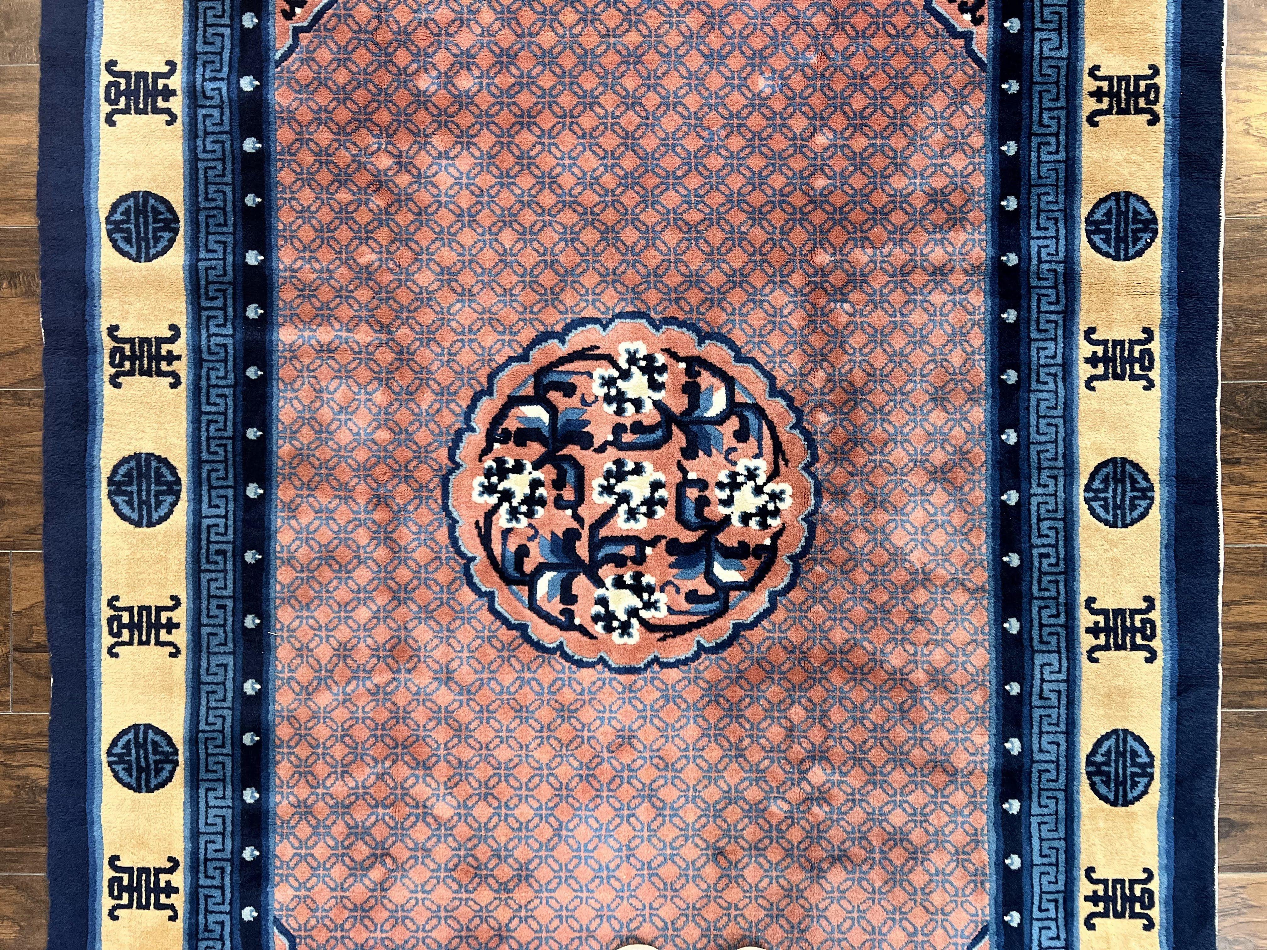 Chinese Peking Rug 5x8, Vintage Semi Antique Chinese Art Deco Carpet, Wool Pile Light Red/Salmon Gold Navy Blue, Handmade Asian Oriental Rug - Jewel Rugs