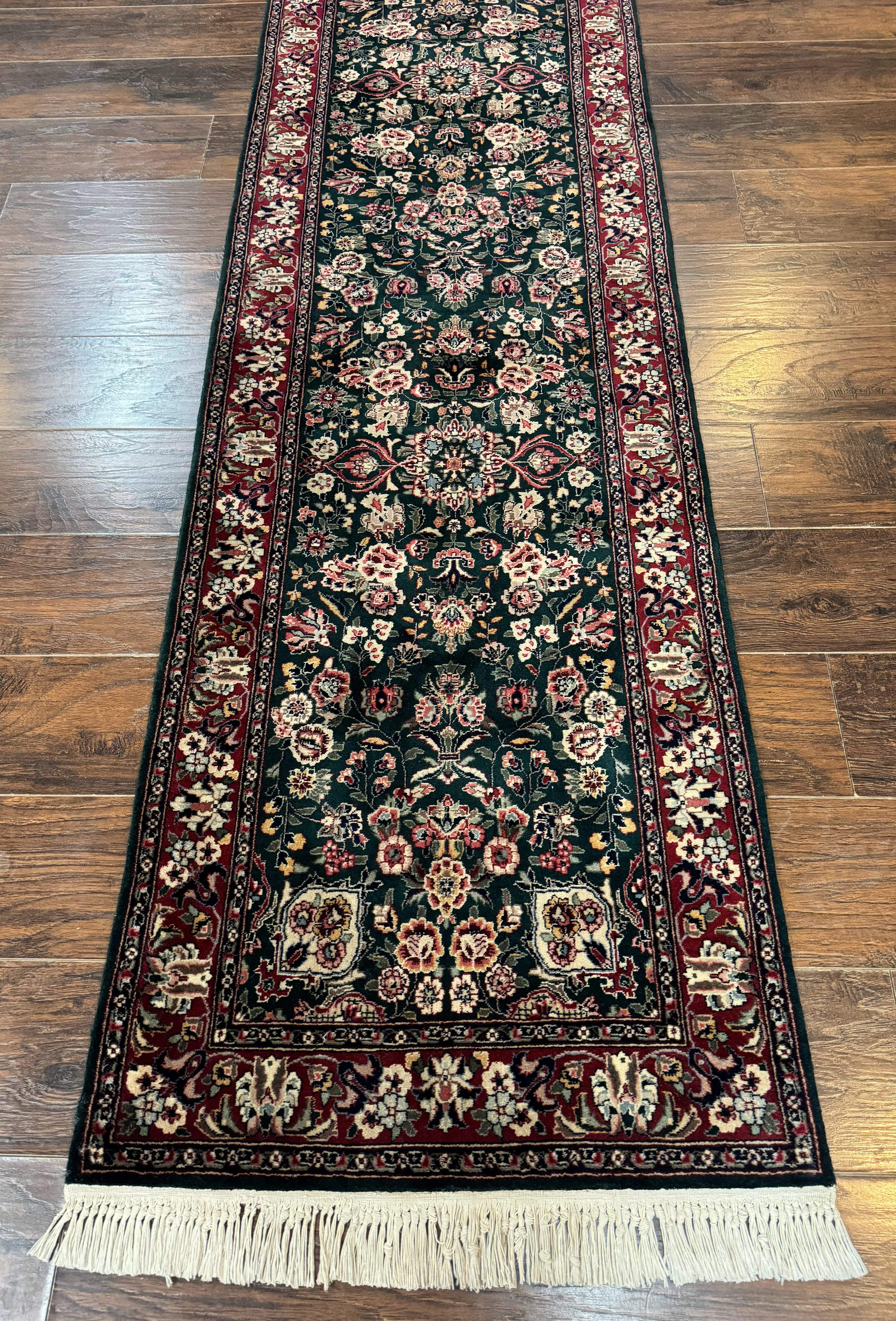 Pak Persian Runner Rug 3x12 – Dark Green and Wine Red, Hand-Knotted Wool, Vintage - Jewel Rugs