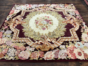 Square Aubusson Rug 8x8, French European Design, Handmade Aubusson Carpet with Pile, Vintage Area Rug, Maroon, Savonnerie Rug, 8 ft Square