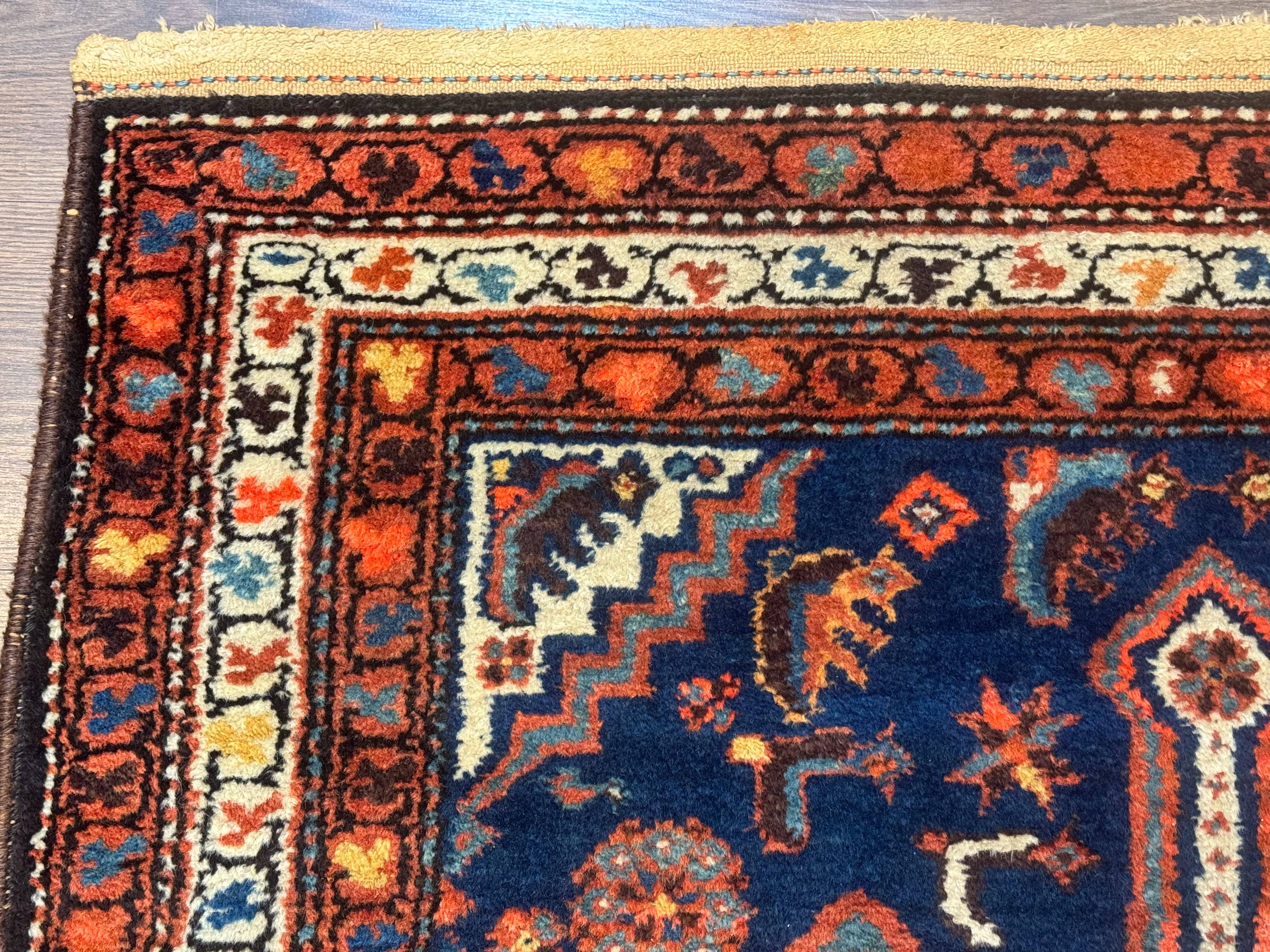 Antique Persian Hamadan Rug 4x6, Geometric, Double Medallions, Navy Blue, Tribal Carpet - Jewel Rugs