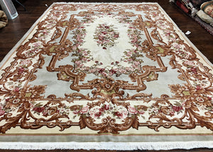 Aubusson Rug 10x13, Cream and Light Mint Green Hand Knotted Handmade French Savonnerie European Carpet, Wool Pile, Large Room Sized Vintage
