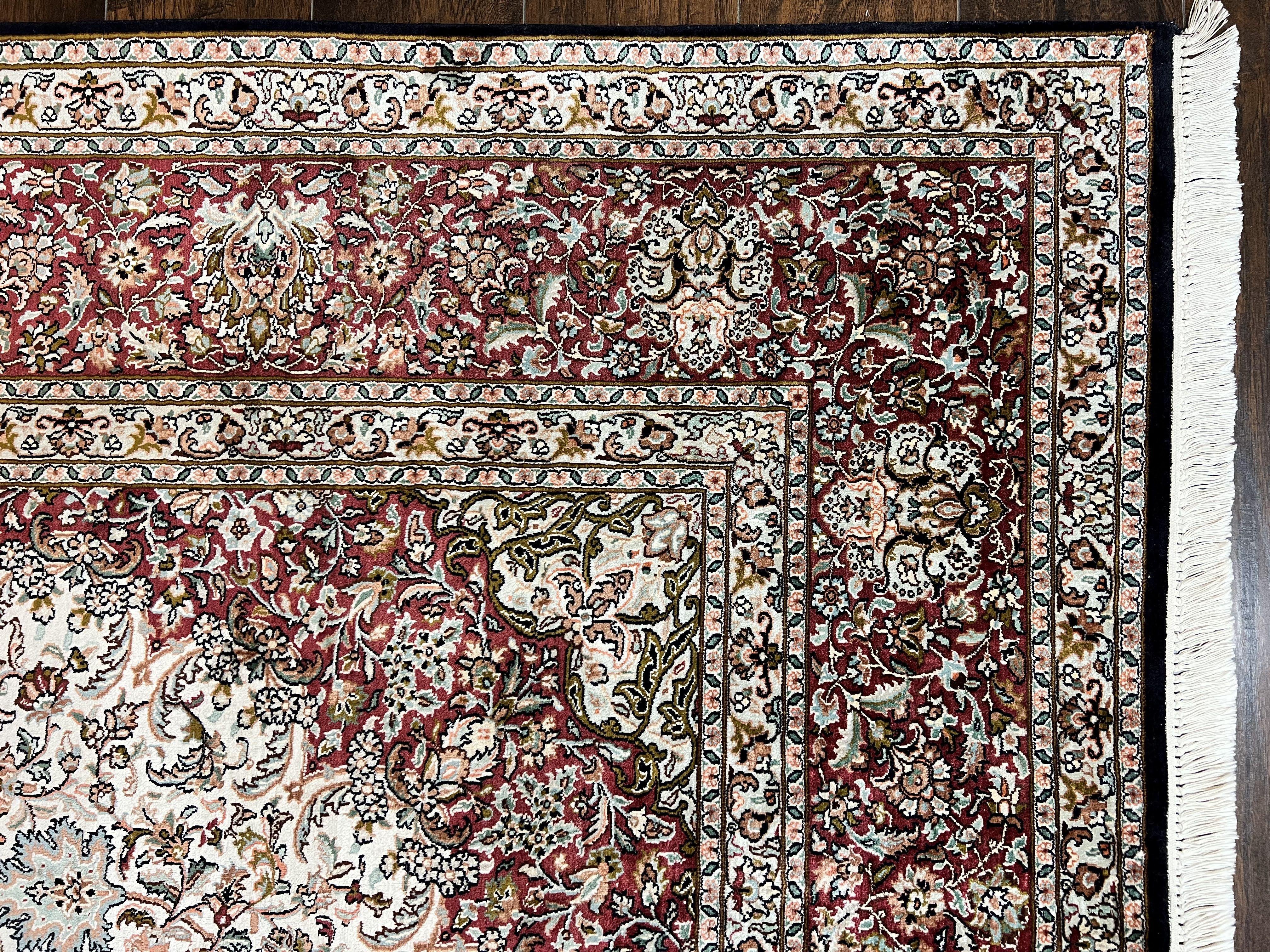 Silk Indian Kashmiri Rug 9 x 11 ft, Room Sized Silk Vintage Indo Persian Handmade Hand Knotted Fine Oriental Carpet, Ivory and Maroon - Jewel Rugs