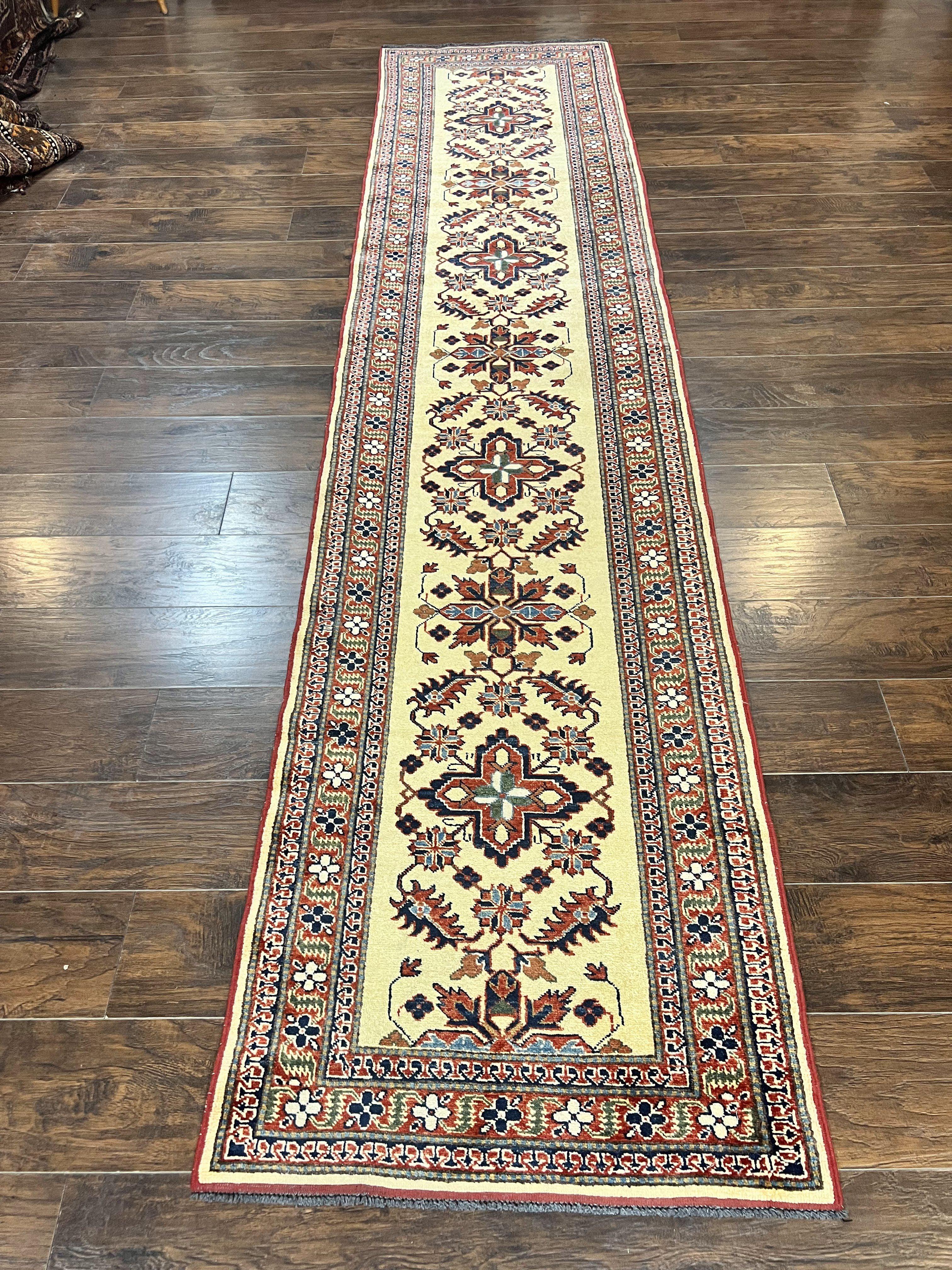 Afghan Heriz Runner Rug 2.9 x 12, Vintage Hand Knotted Persian Carpet for Hallway, 12ft Runner, Wool, Cream - Jewel Rugs