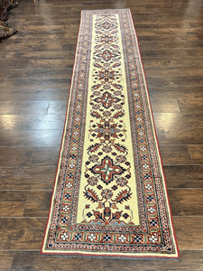 Afghan Heriz Runner Rug 2.9 x 12, Vintage Hand Knotted Persian Carpet for Hallway, 12ft Runner, Wool, Cream