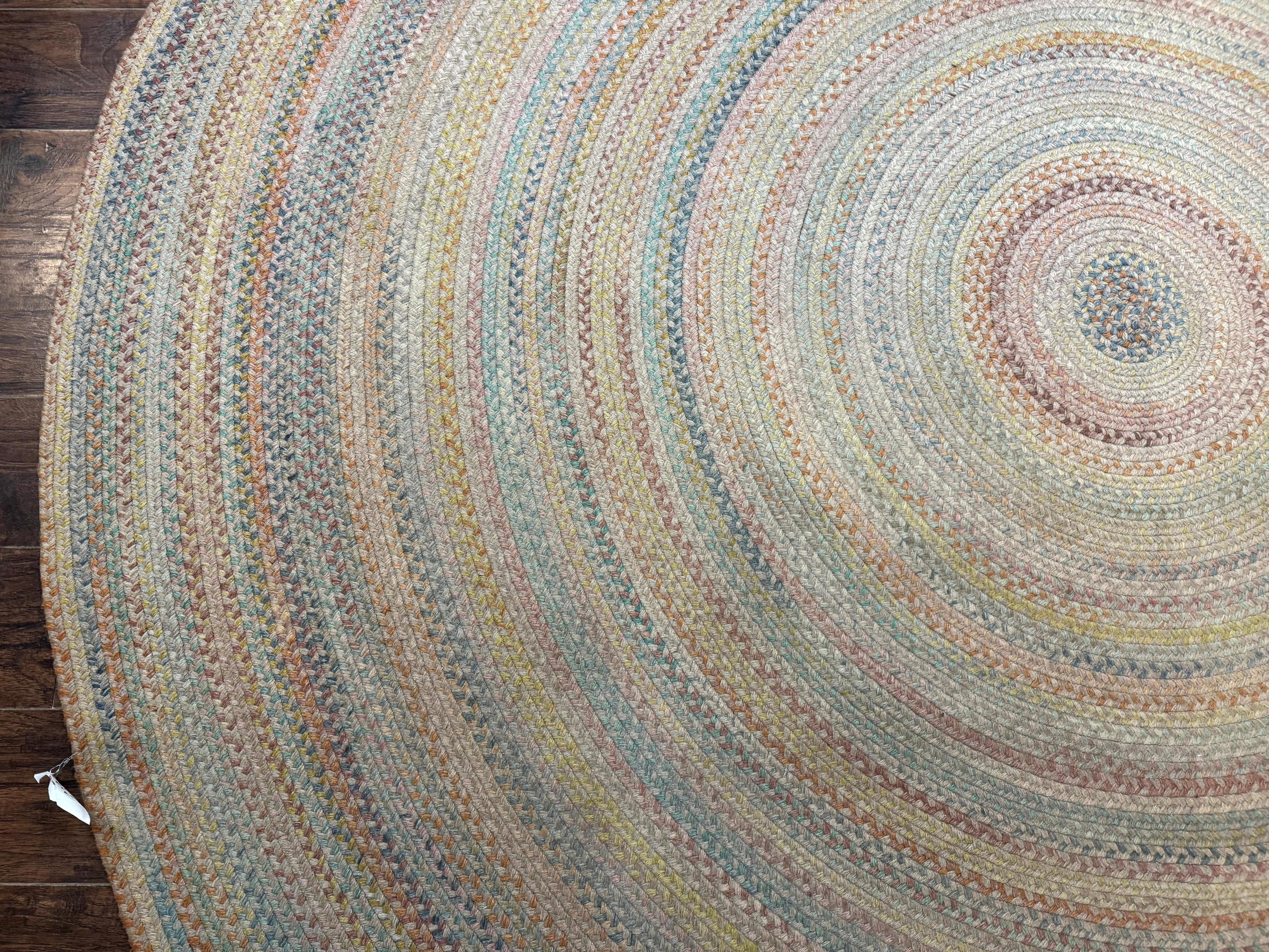 Large American Round Braided Rug 10x10, Multicolor, Vintage, Mid Century, Hand Braided - Jewel Rugs