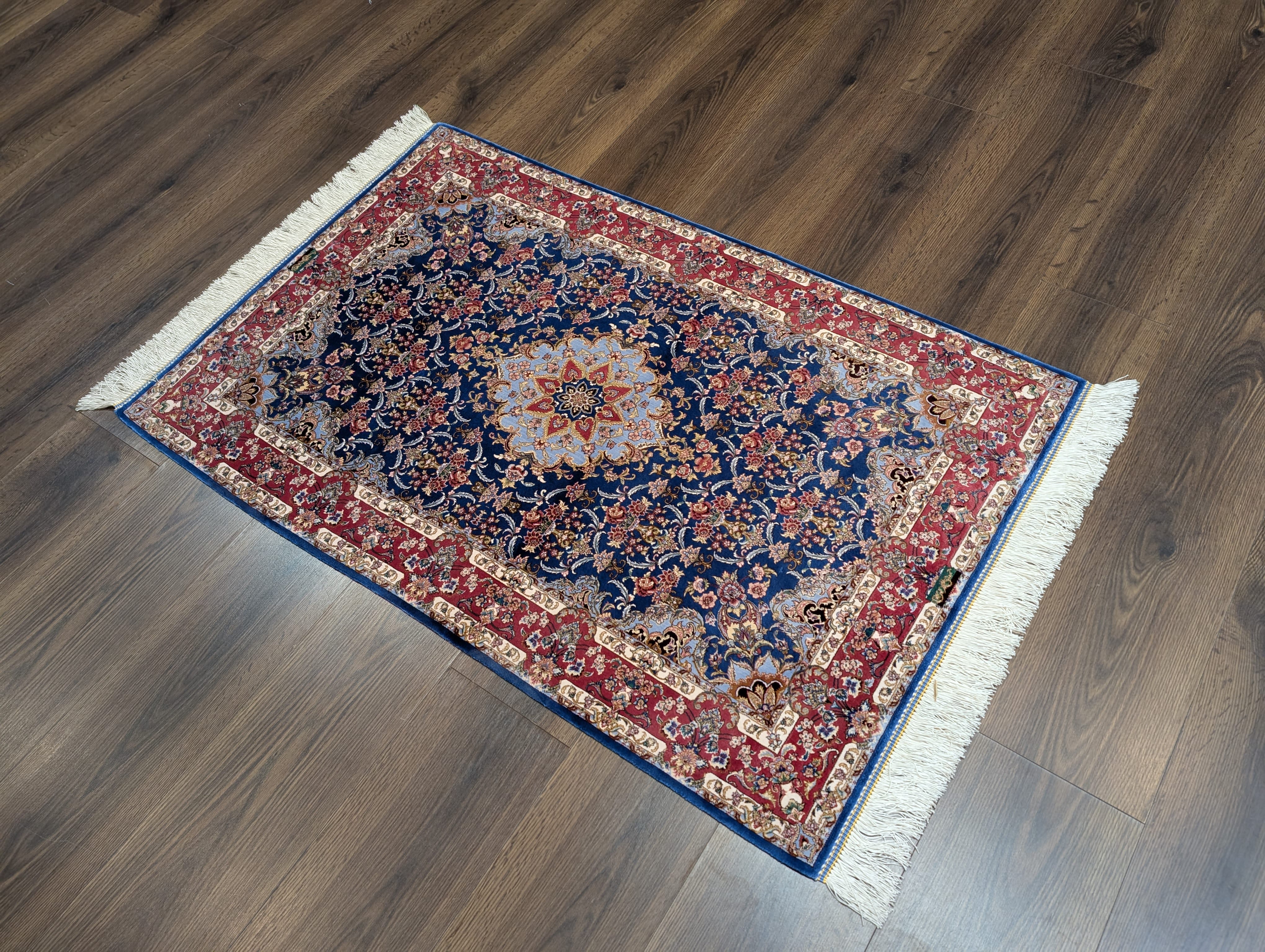 Navy Blue Silk Rug 2.5 x 4, Fine, Detailed, Turkish Silk Rug, Bamboo Silk, New - Jewel Rugs