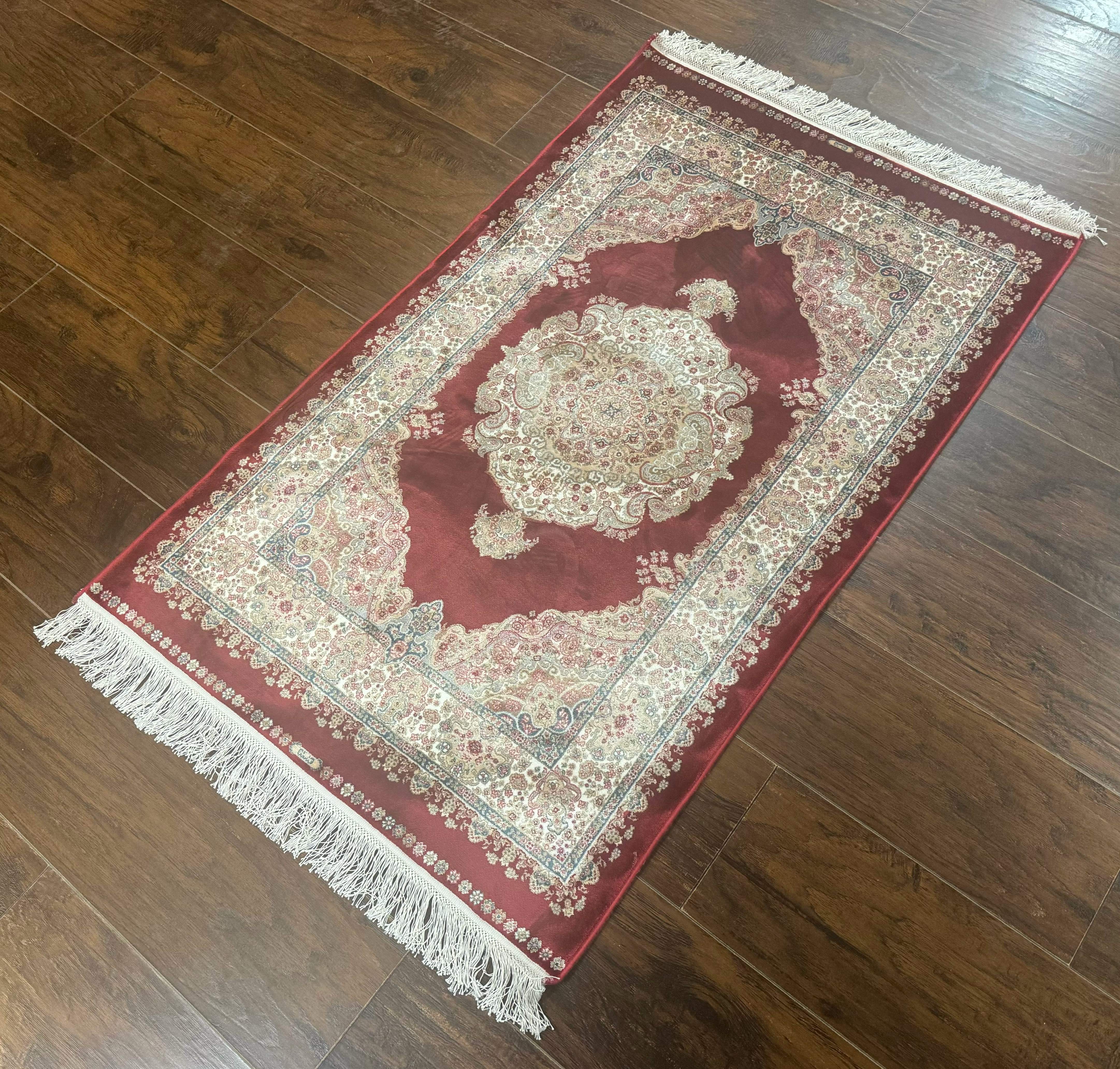 Turkish Silk Rug 2.6 x 4, Medallion, Dark Red, Fine, Bamboo Silk - Jewel Rugs