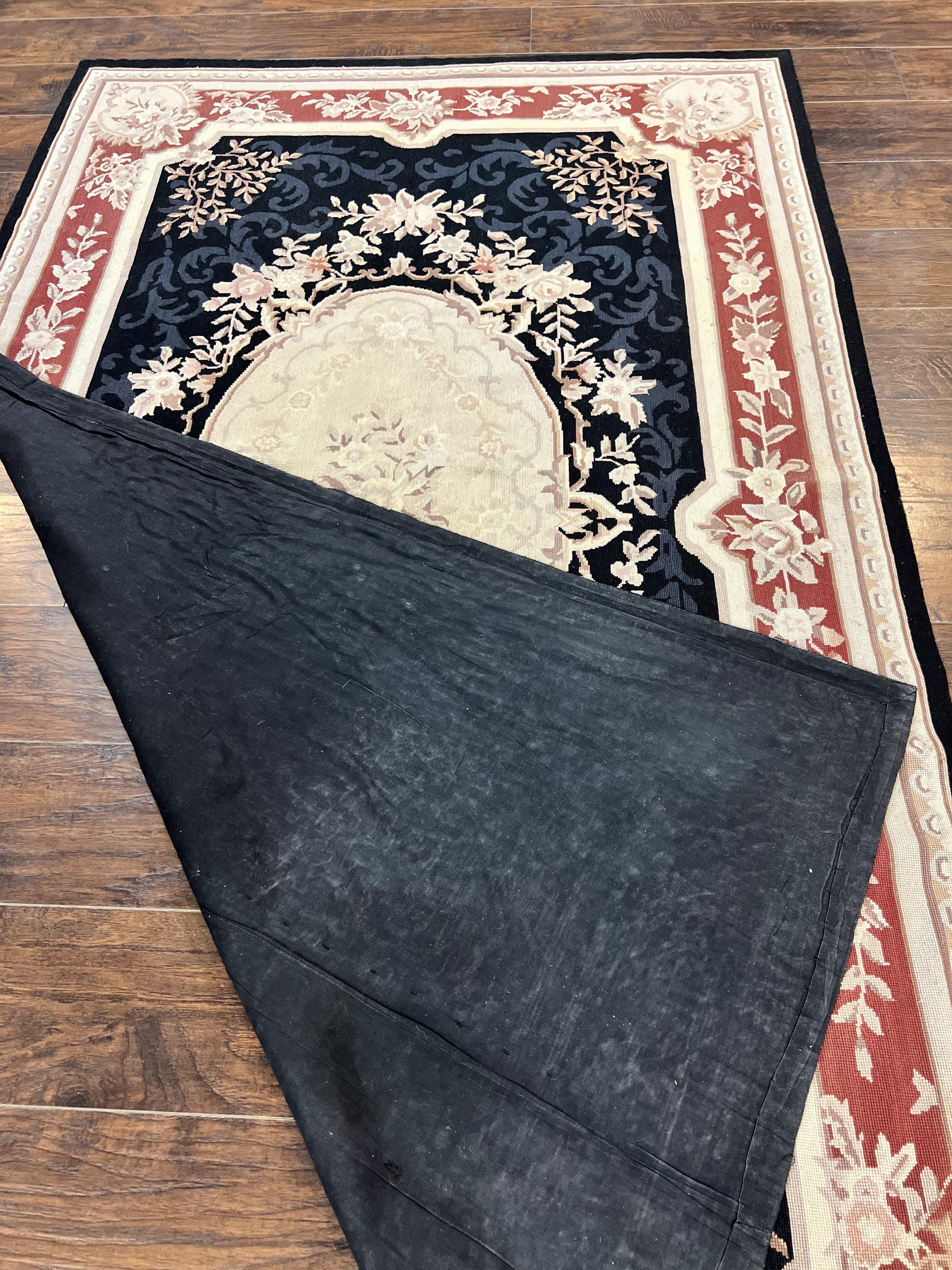 Needlepoint Rug 5x8, Wool Handmade Vintage European Design Carpet, Black & Maroon, French Aubusson Pattern Flatweave Rug - Jewel Rugs