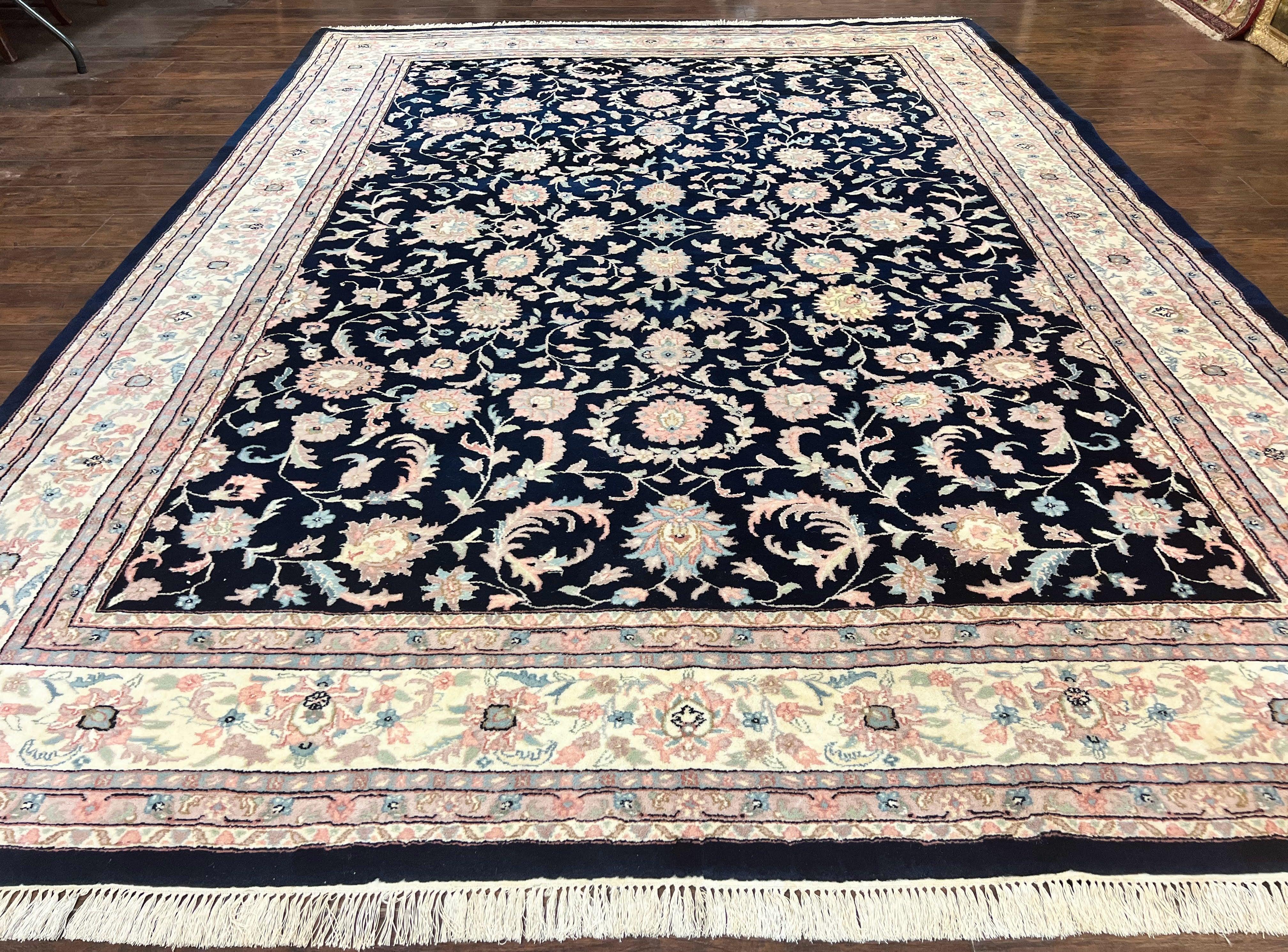 Indo Persian Rug 9x12, Navy Blue and Ivory/Cream, Floral Allover, Wool Vintage Handmade Carpet - Jewel Rugs