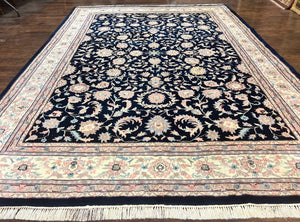 Indo Persian Rug 9x12, Navy Blue and Ivory/Cream, Floral Allover, Wool Vintage Handmade Carpet