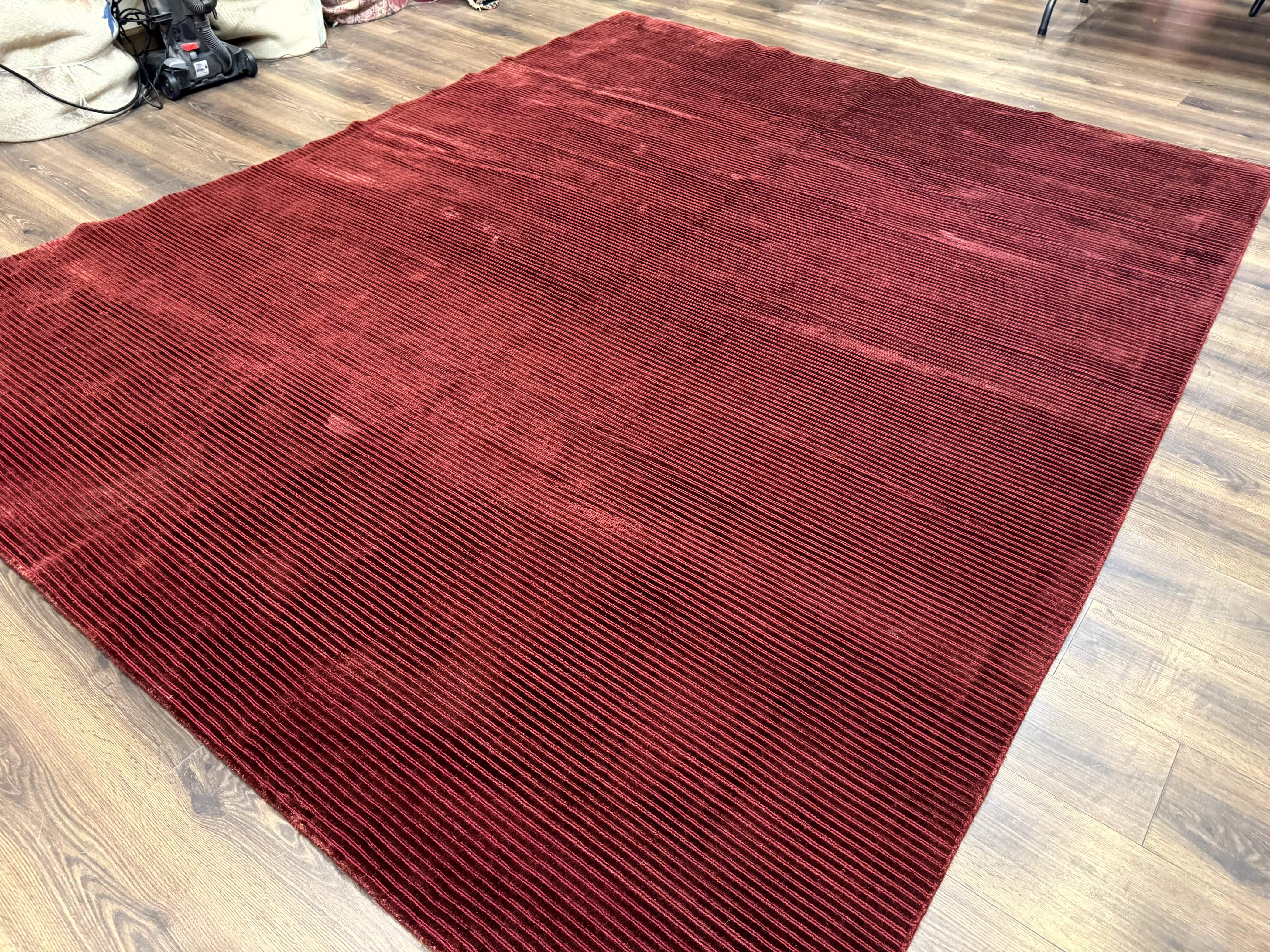 Modern Tibetan Rug 8x10, Red, Stripes, Handmade Wool Thick Pile Carpet - Jewel Rugs