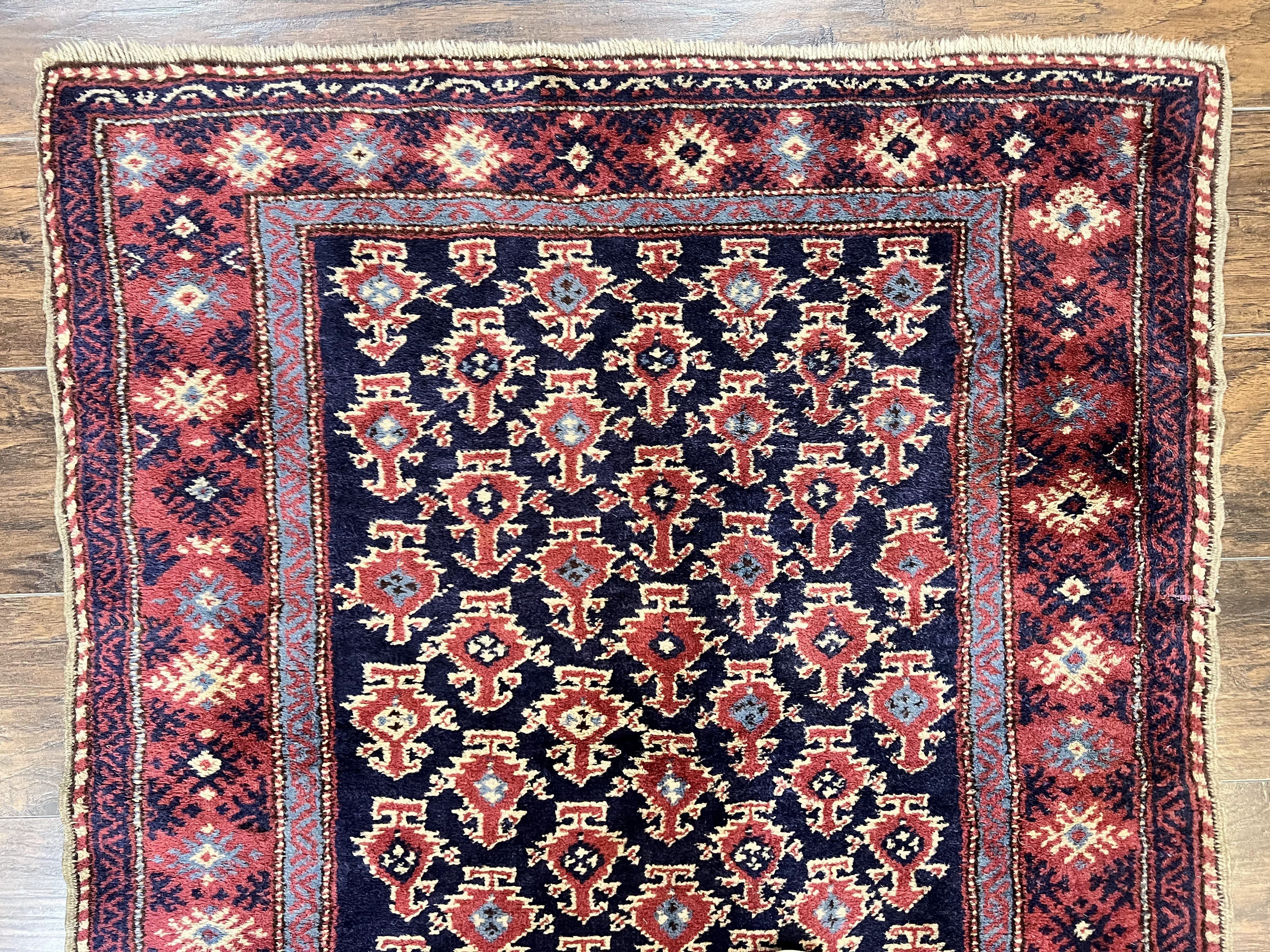 Turkish Sparta Rug 3x4, Allover Pattern, Navy Blue and Red, Antique Ispara Oriental Carpet 3 x 4, Small Turkish Handmade Vintage Wool Rug - Jewel Rugs