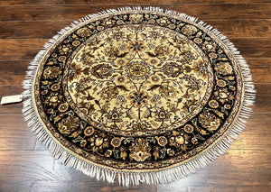 Round Indo Mahal Rug 4x4, Wool Hand Knotted Vintage Carpet, Cream & Tan, Round Allover Floral Indian Rug, 4 x 4 Round Handmade Rug
