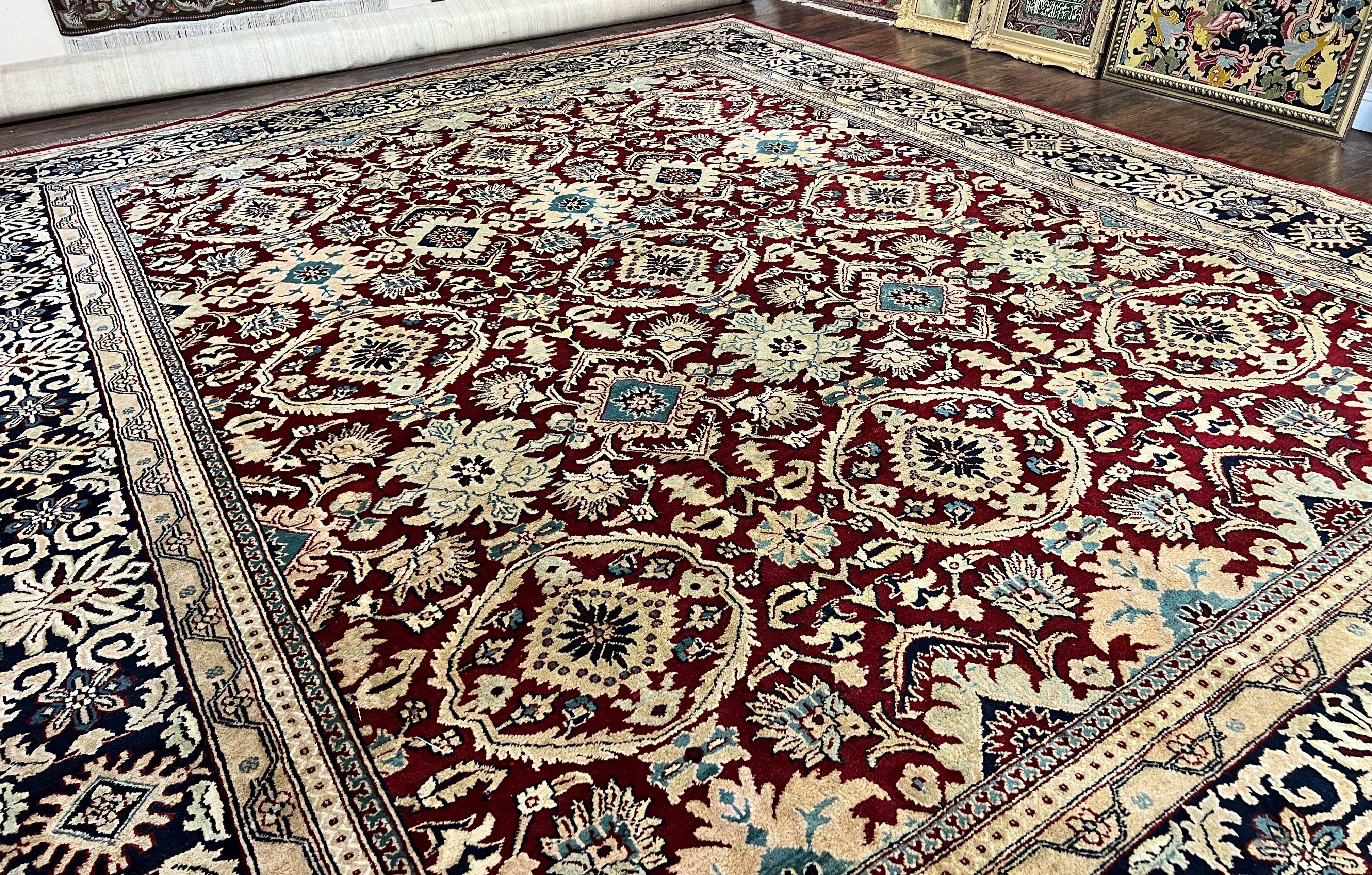 Extra Large Indian Agra Rug 11x15, Floral Allover, Maroon, Hand Knotted Handmade Vintage Oriental Carpet, Palace Sized - Jewel Rugs
