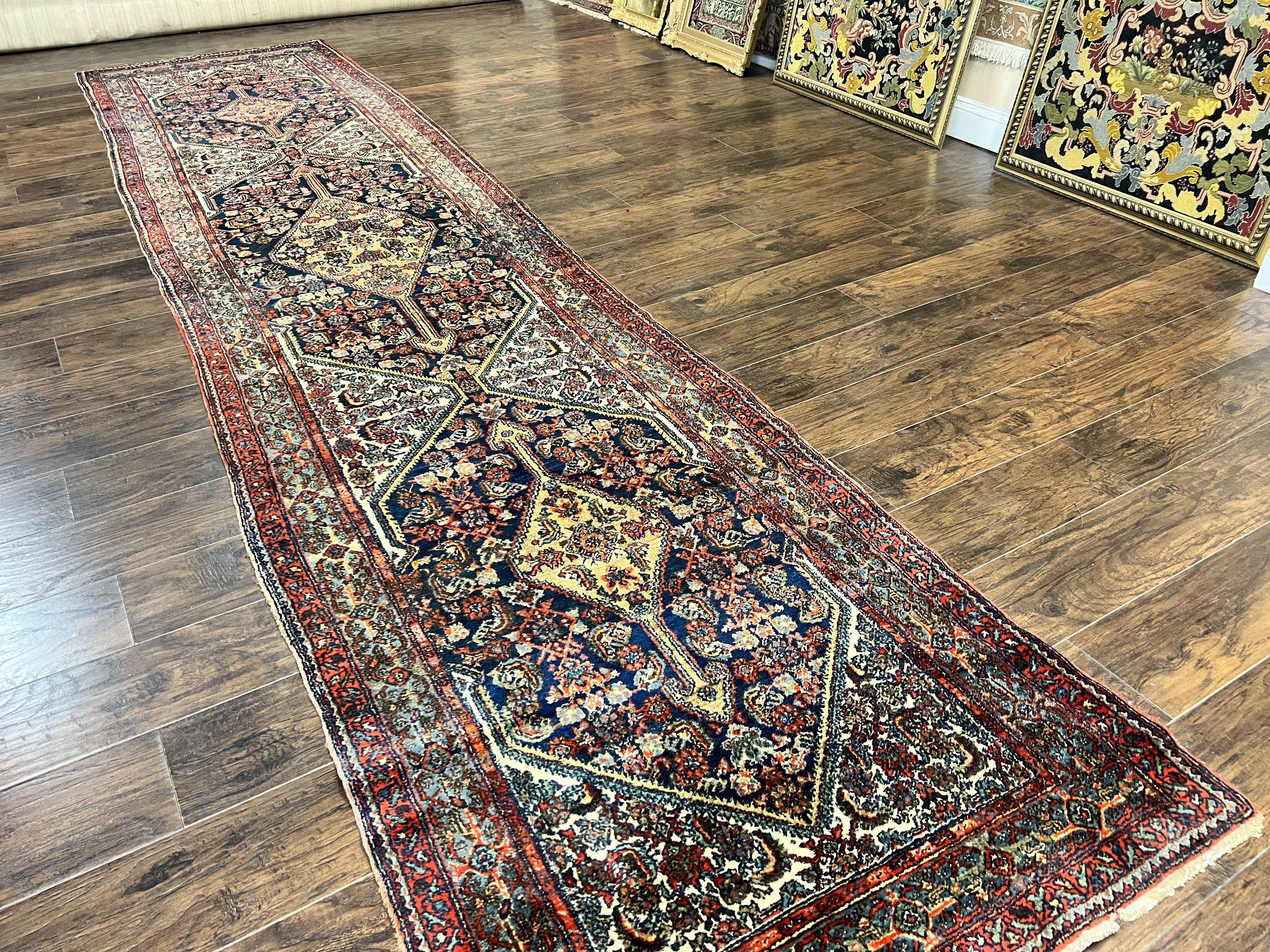 Antique Persian Runner Rug 3.7 x 15.8, Navy Blue Multicolor, Hand Knotted Handmade Wool Rug for Hallway, Geometric Medallions, Persian Hamadan Rug - Jewel Rugs