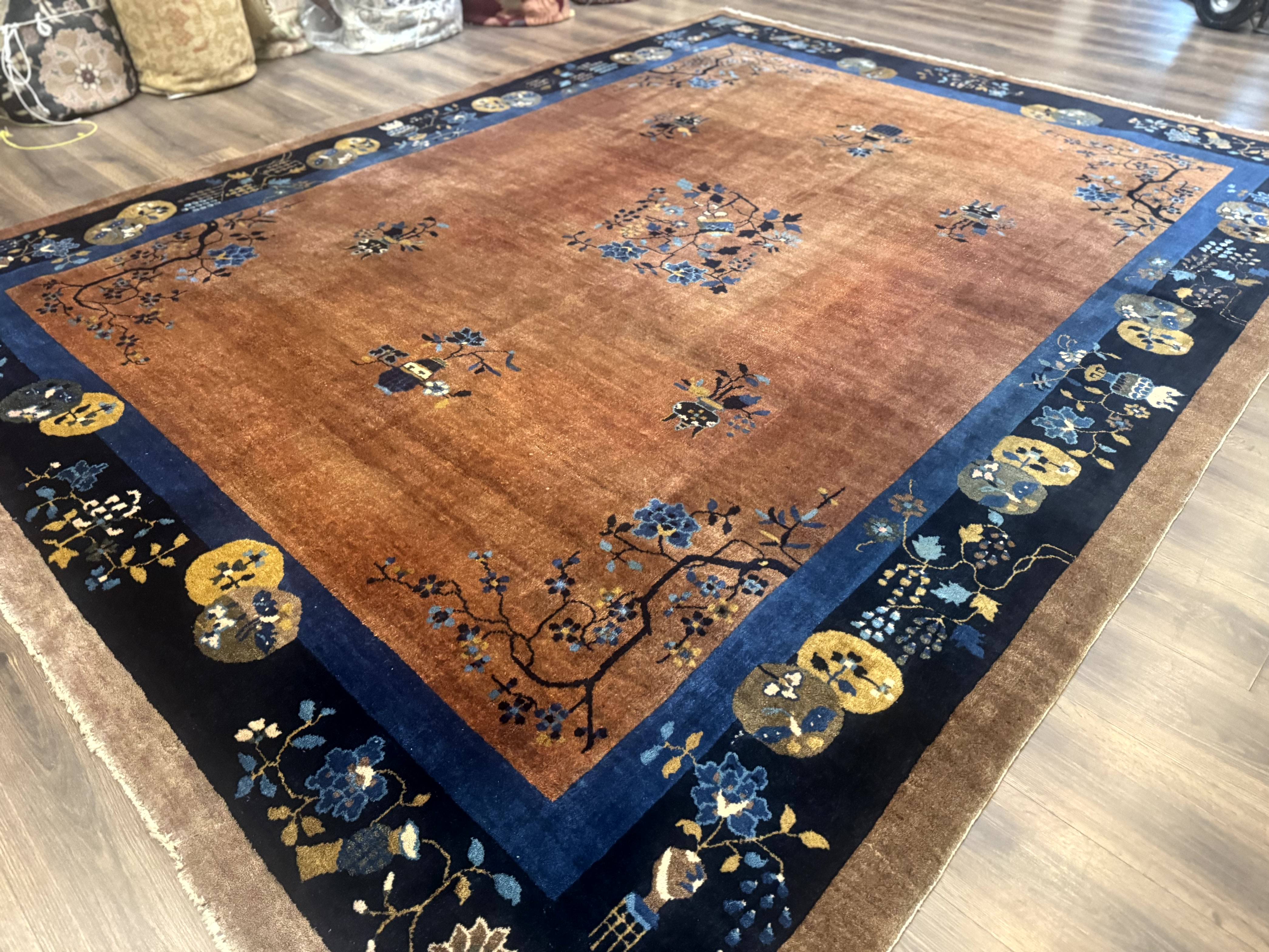 Antique Chinese Wool Rug 9x12, Light Brown and Navy Blue, Fete Peking Art Deco - Jewel Rugs