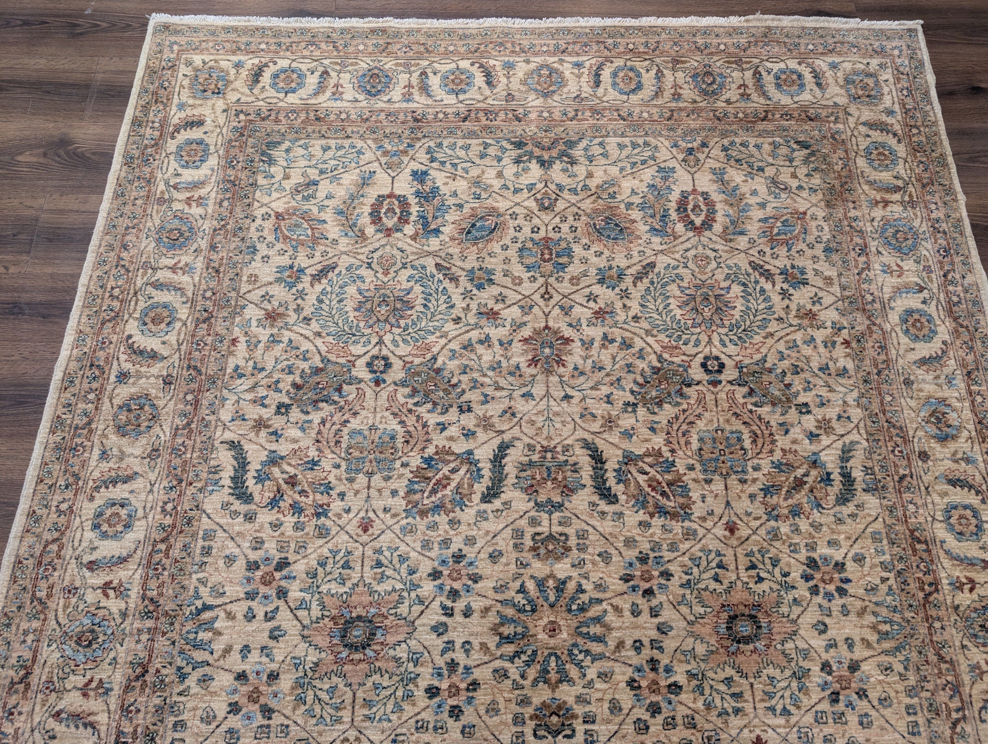 Persian Kashan Rug 6x9 – Oat and Blue Hand Knotted Wool Carpet, Light Colors, 200 KPSI - Jewel Rugs