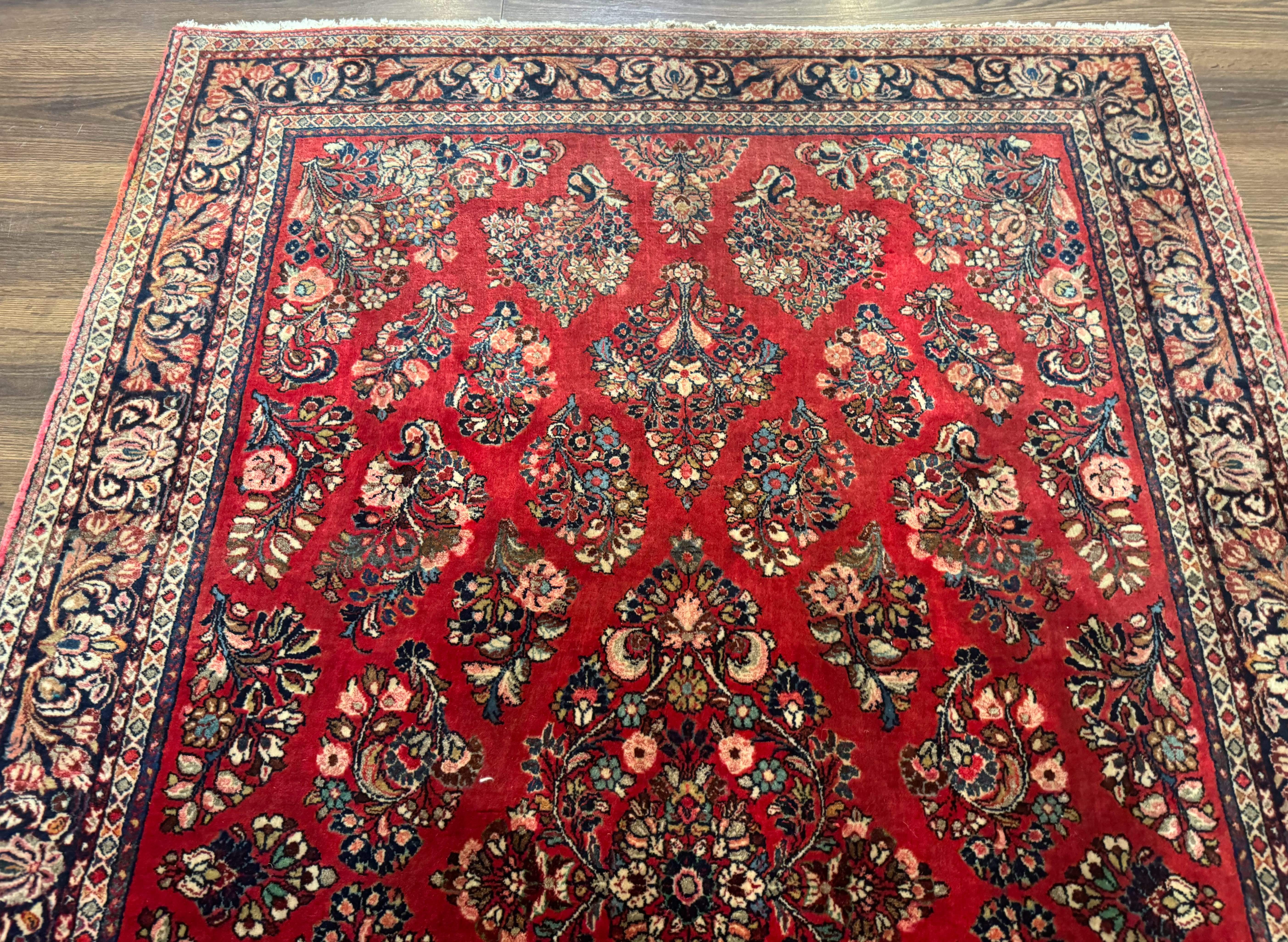 Sarouk Rug 4x6 – Red and Navy, Hand-Knotted Wool, Vintage Persian Carpet - Jewel Rugs