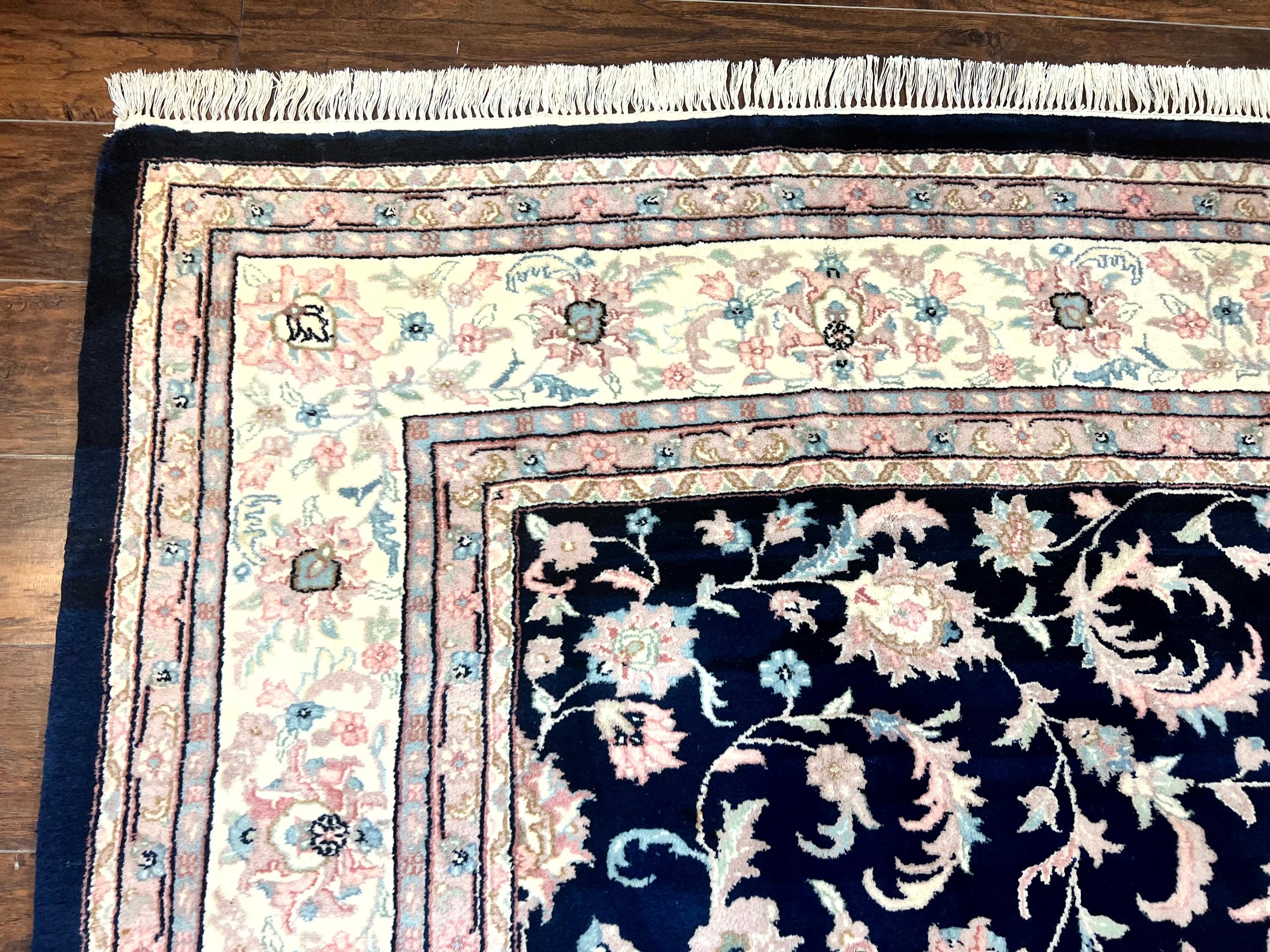 Indo Persian Rug 9x12, Navy Blue and Ivory/Cream, Floral Allover, Wool Vintage Handmade Carpet - Jewel Rugs